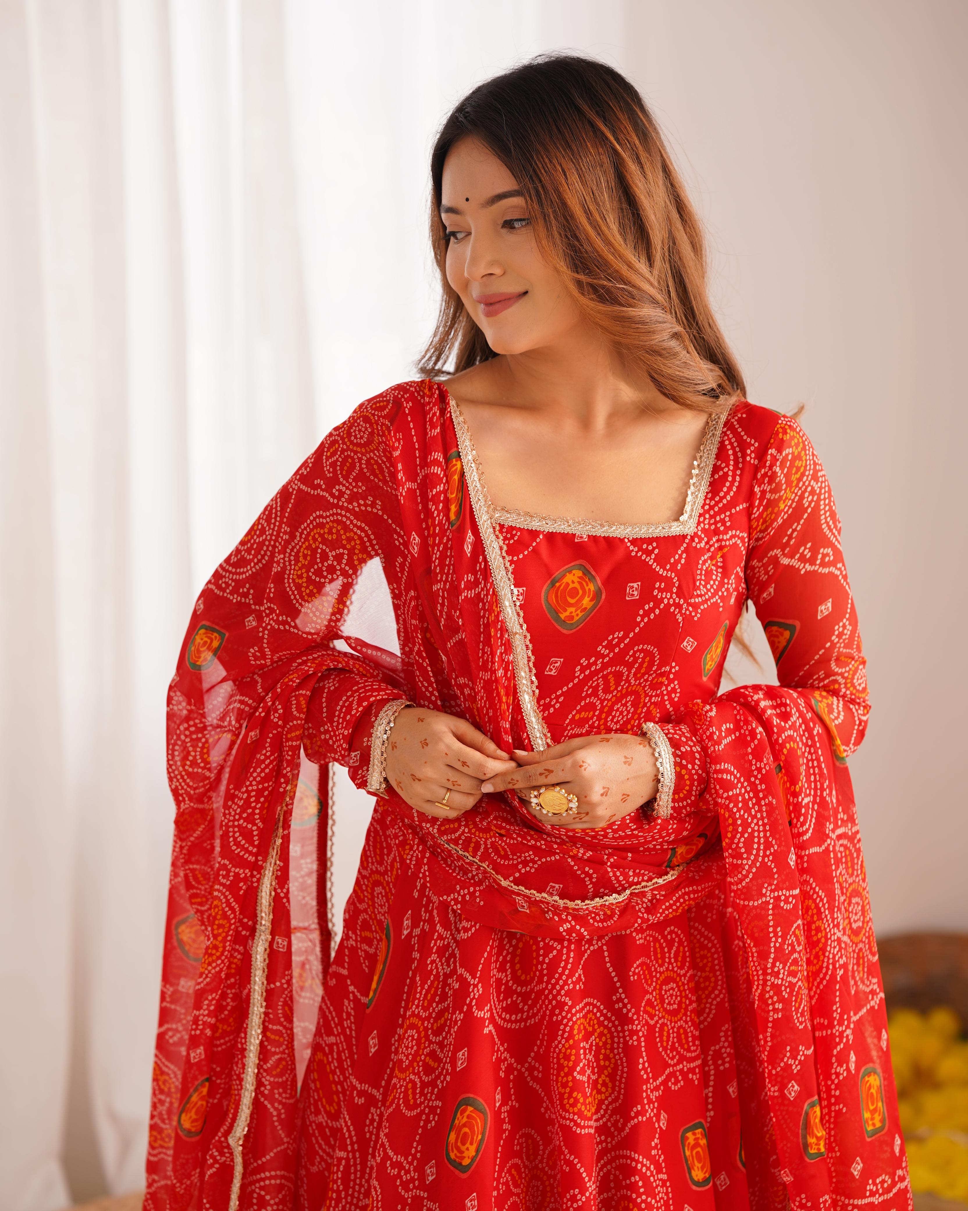 Red Pure Soft Lightweight Chiffon Anarkali Suit Set With Huge Flair, Dupatta & Pant