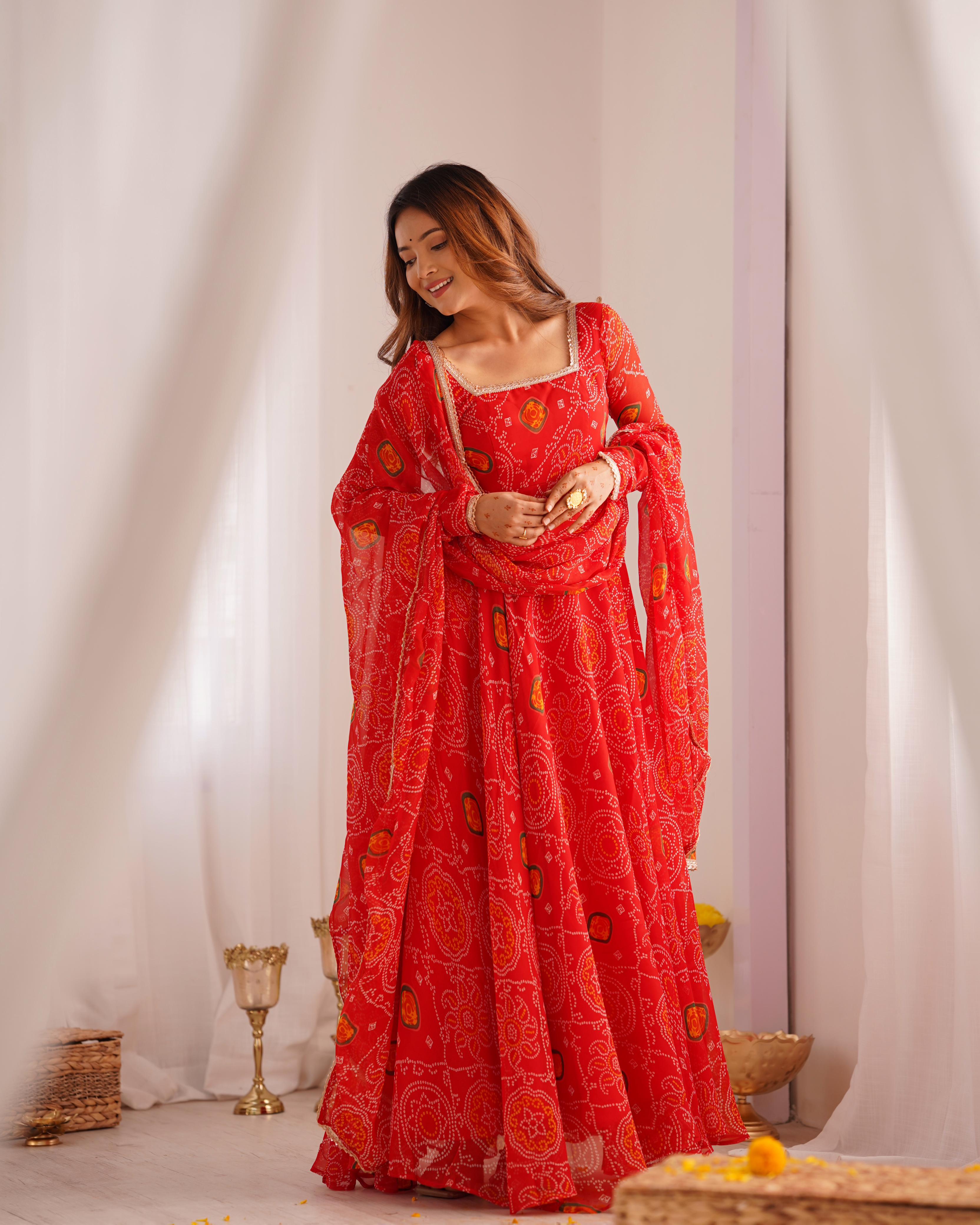 Red Pure Soft Lightweight Chiffon Anarkali Suit Set With Huge Flair, Dupatta & Pant