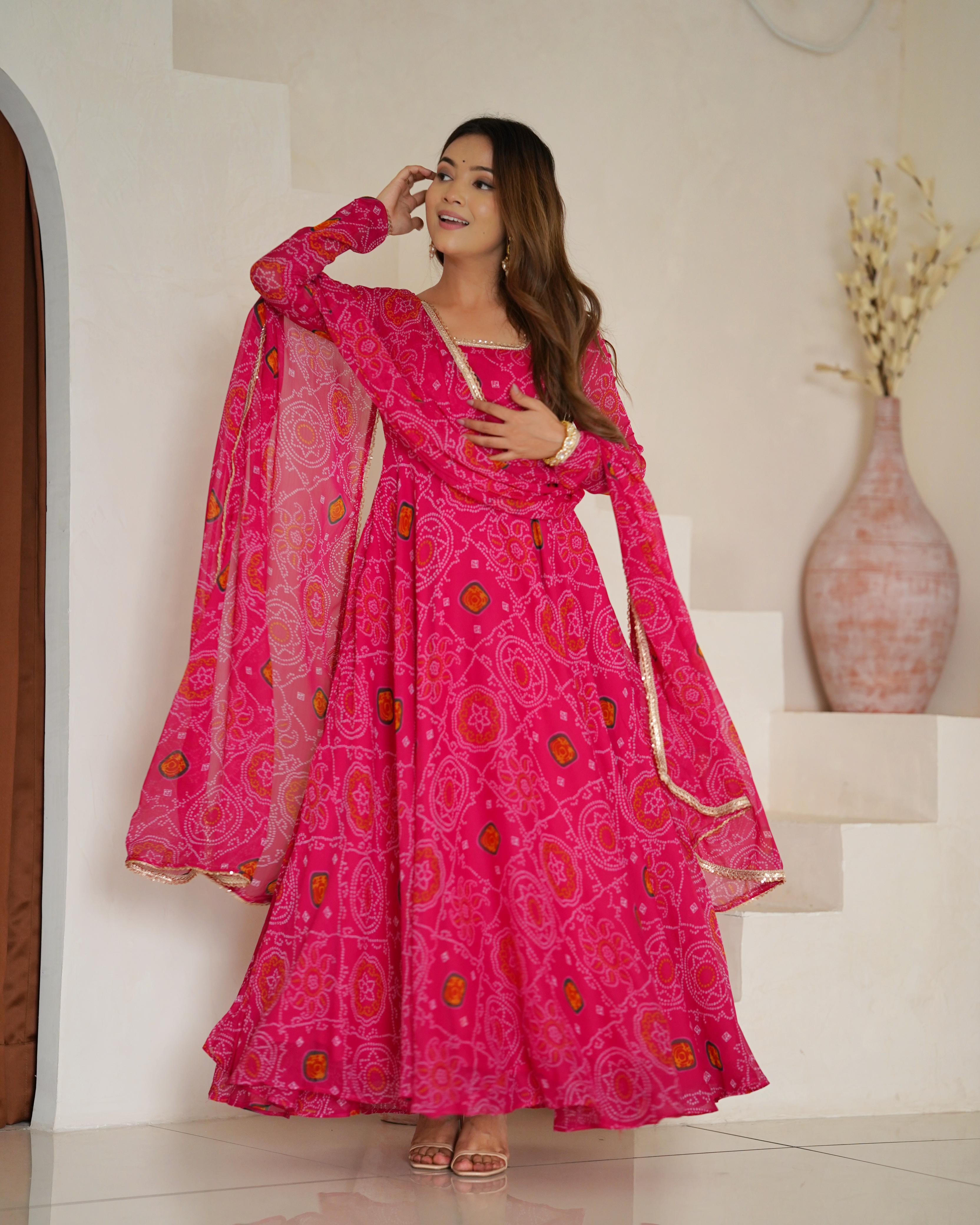 Pink Pure Soft Lightweight Chiffon Anarkali Suit Set With Huge Flair, Dupatta & Pant