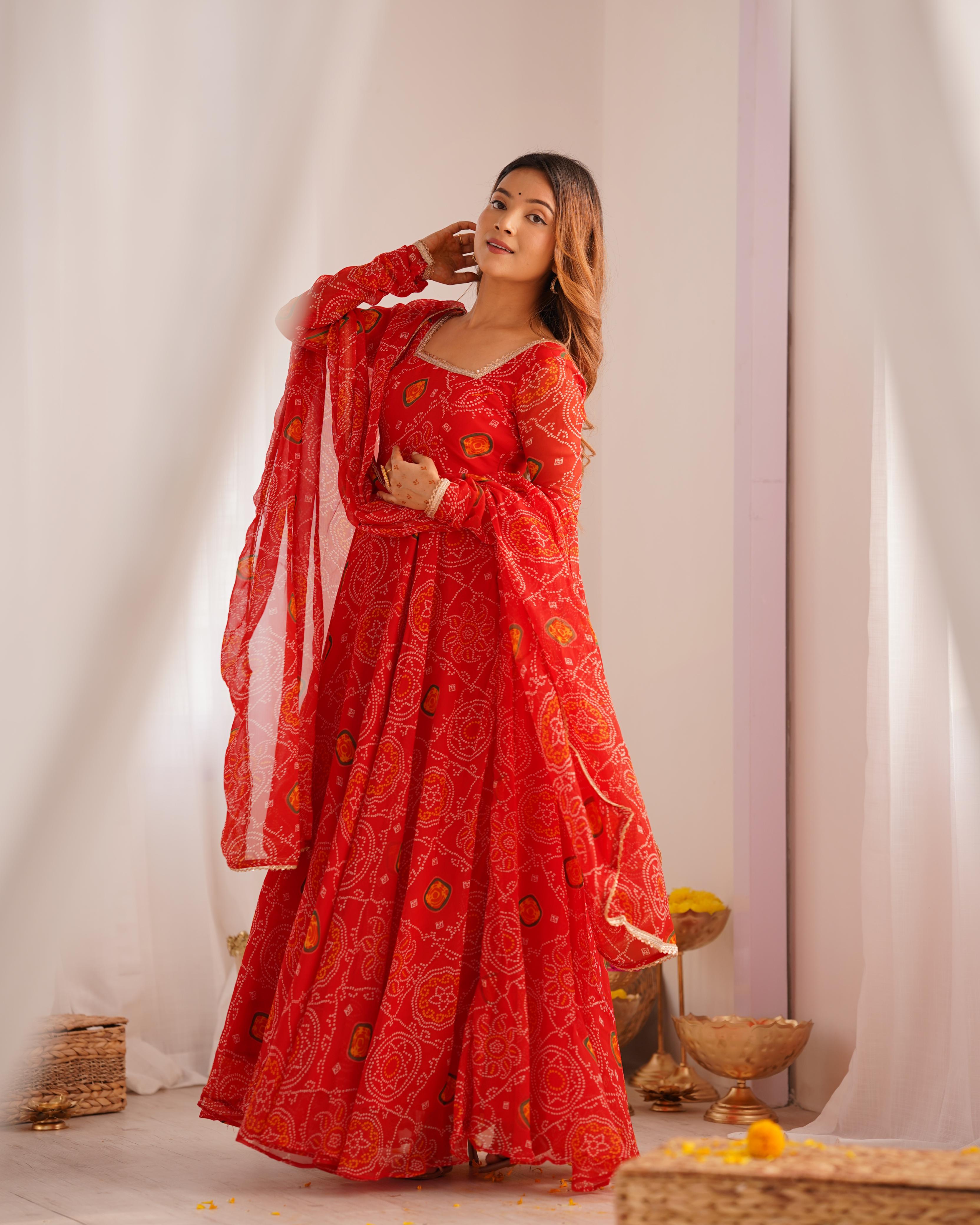 Red Pure Soft Lightweight Chiffon Anarkali Suit Set With Huge Flair, Dupatta & Pant
