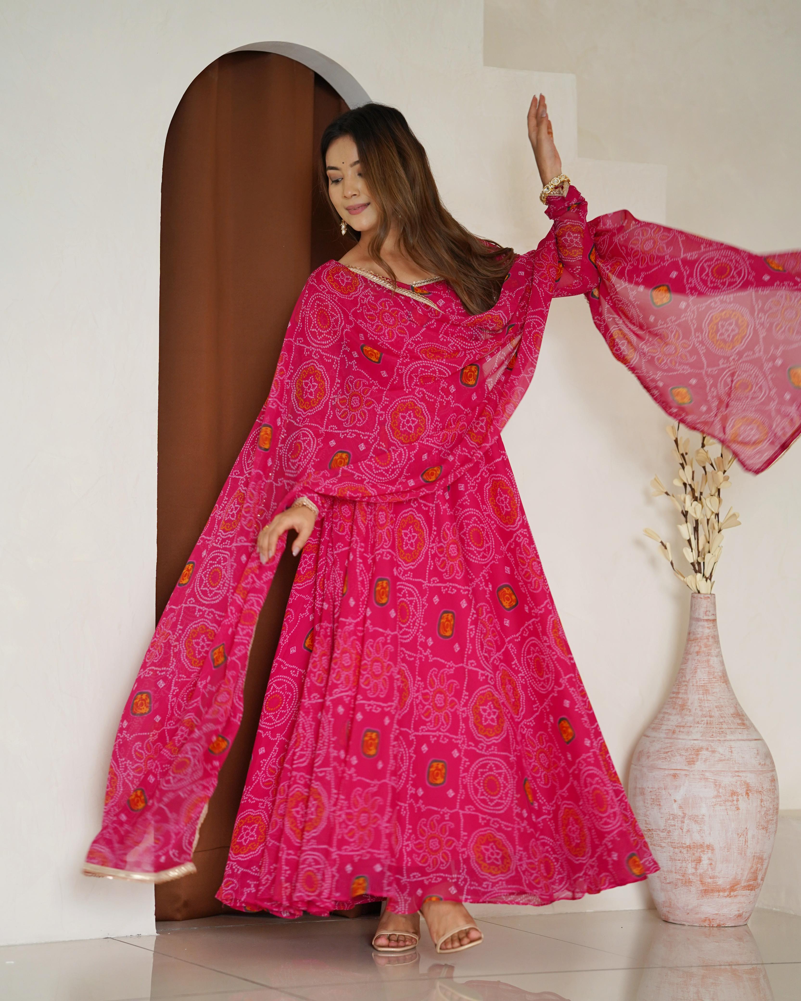 Pink Pure Soft Lightweight Chiffon Anarkali Suit Set With Huge Flair, Dupatta & Pant