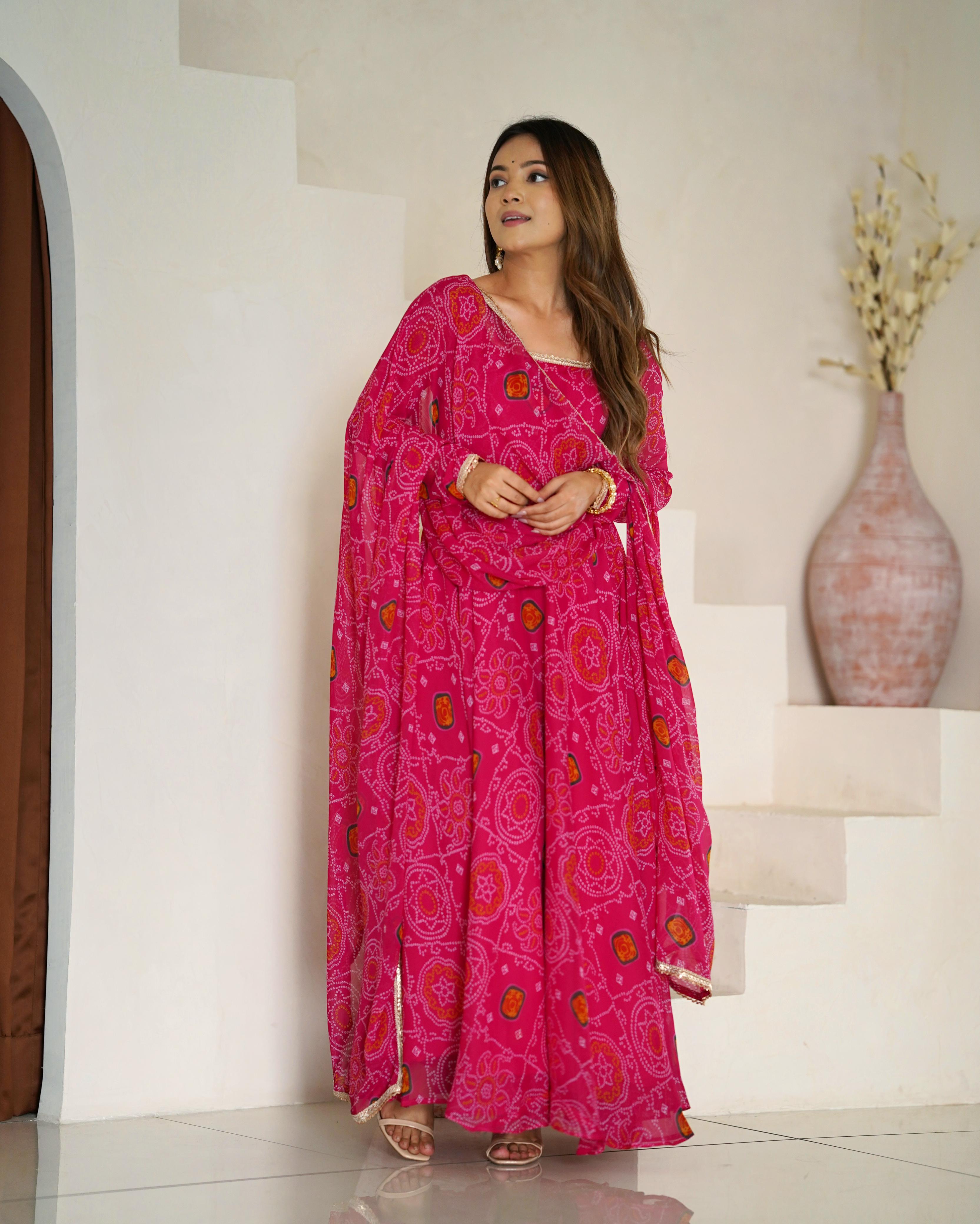 Pink Pure Soft Lightweight Chiffon Anarkali Suit Set With Huge Flair, Dupatta & Pant