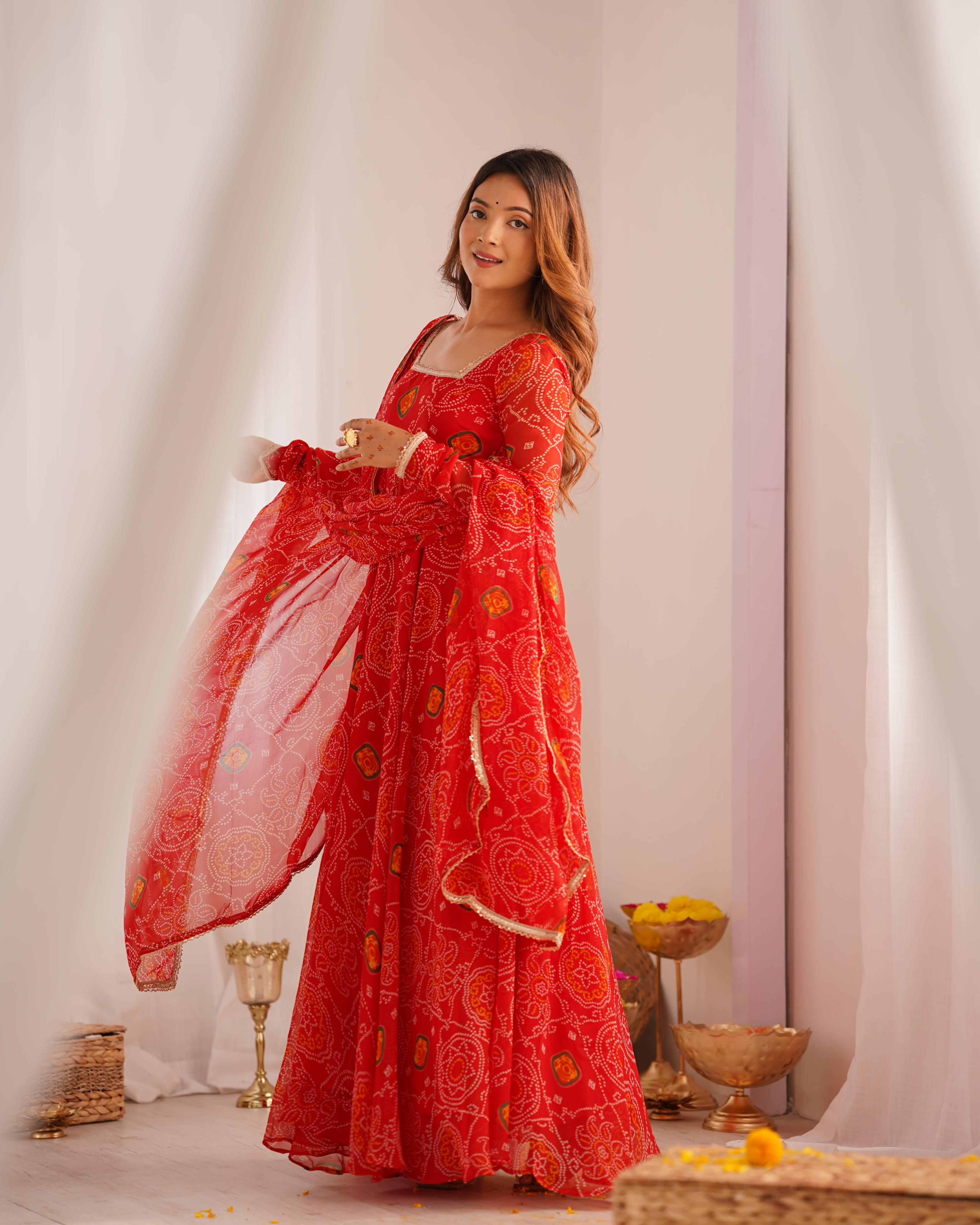 Red Pure Soft Lightweight Chiffon Anarkali Suit Set With Huge Flair, Dupatta & Pant