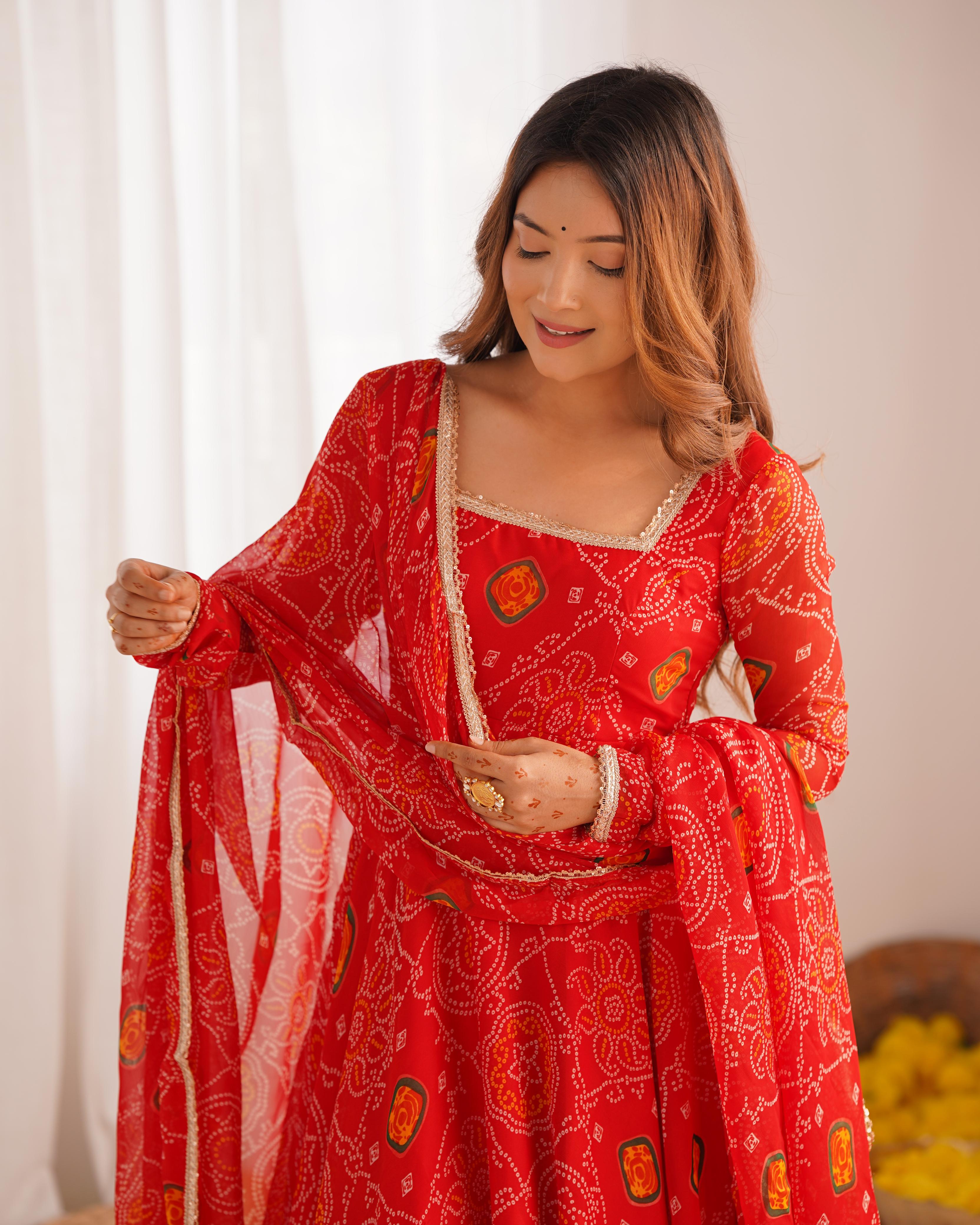 Red Pure Soft Lightweight Chiffon Anarkali Suit Set With Huge Flair, Dupatta & Pant