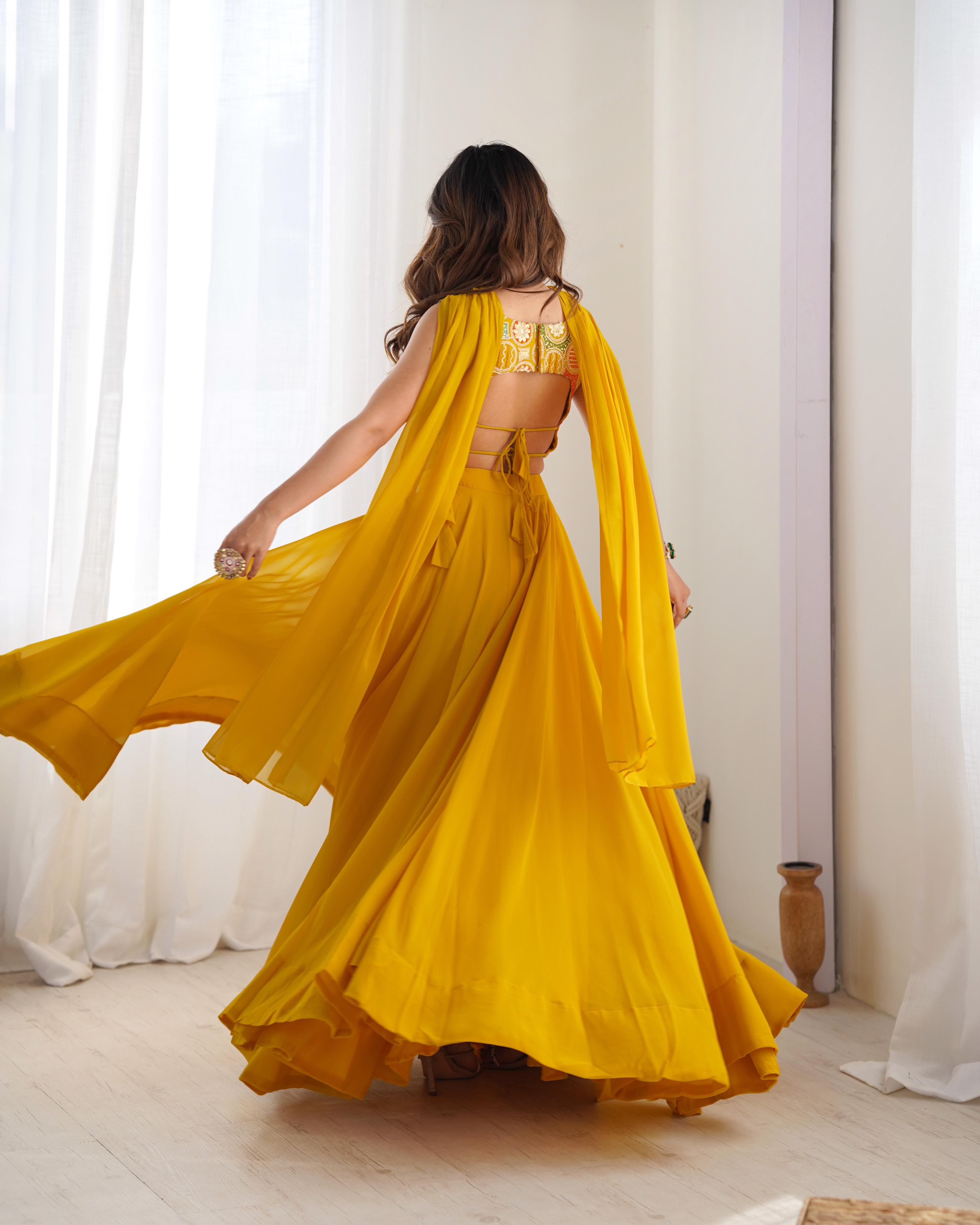 Yellow Pure Soft Fox Georgette Lehenga Set With Huge Flair & Dupatta