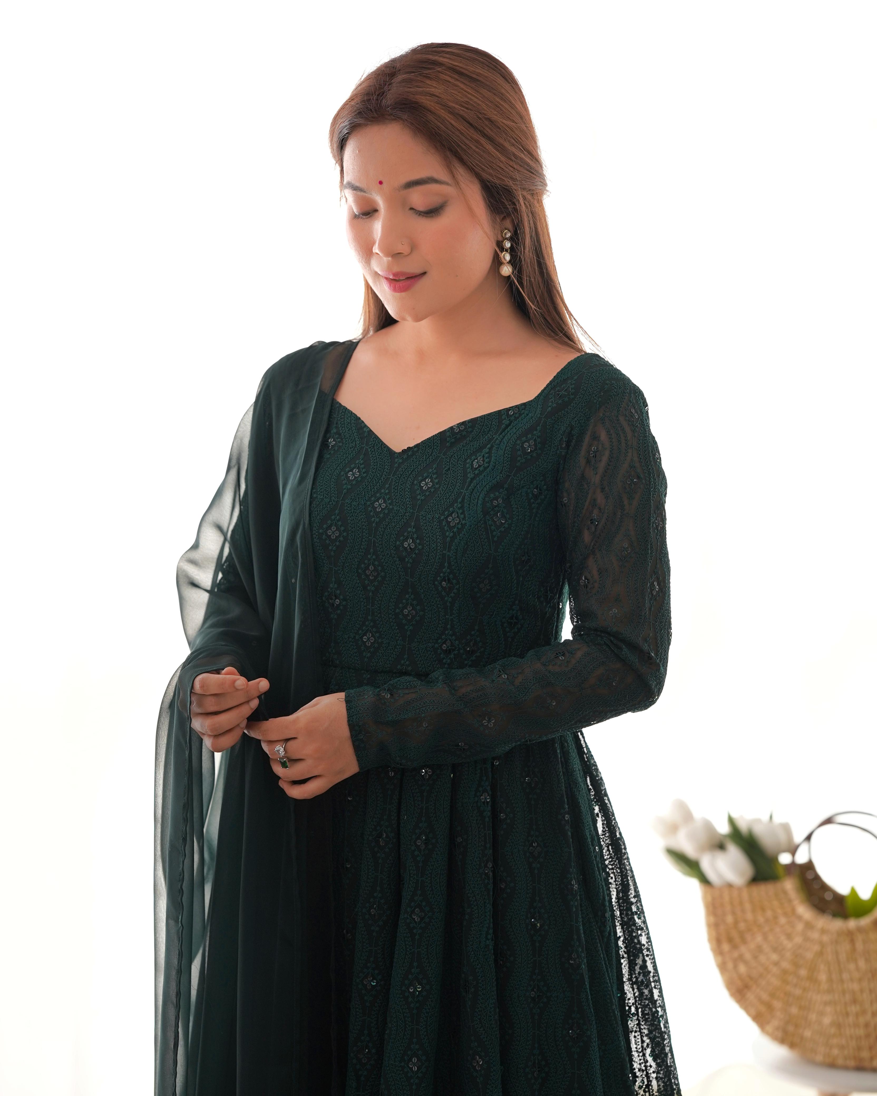 Green Pure Soft Fox Georgette Anarkali Suit Set With Huge Flair, Dupatta & Pant