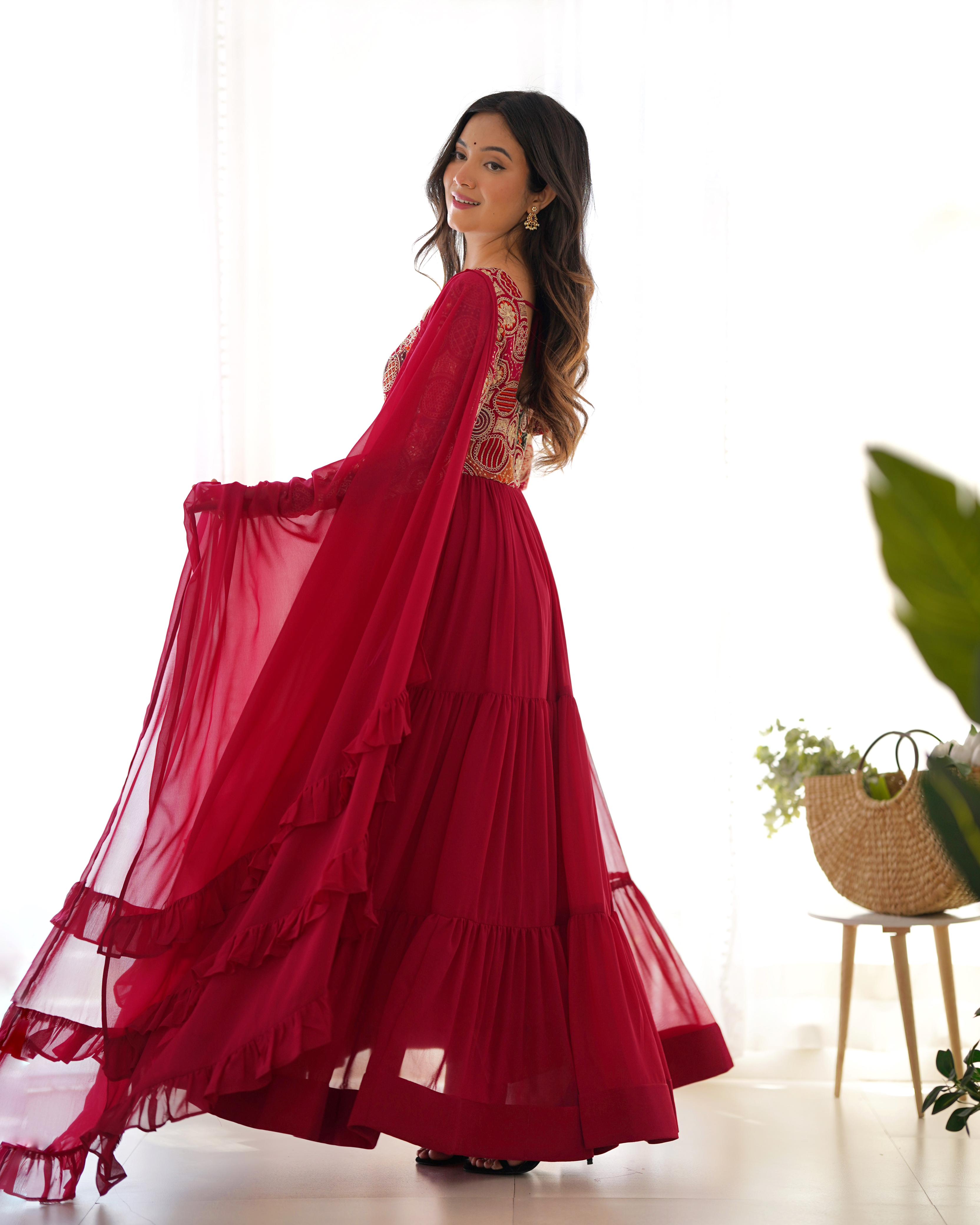 Maroon Pure Soft Fox Georgette Anarkali Suit Set With Huge Flair, Dupatta & Pant