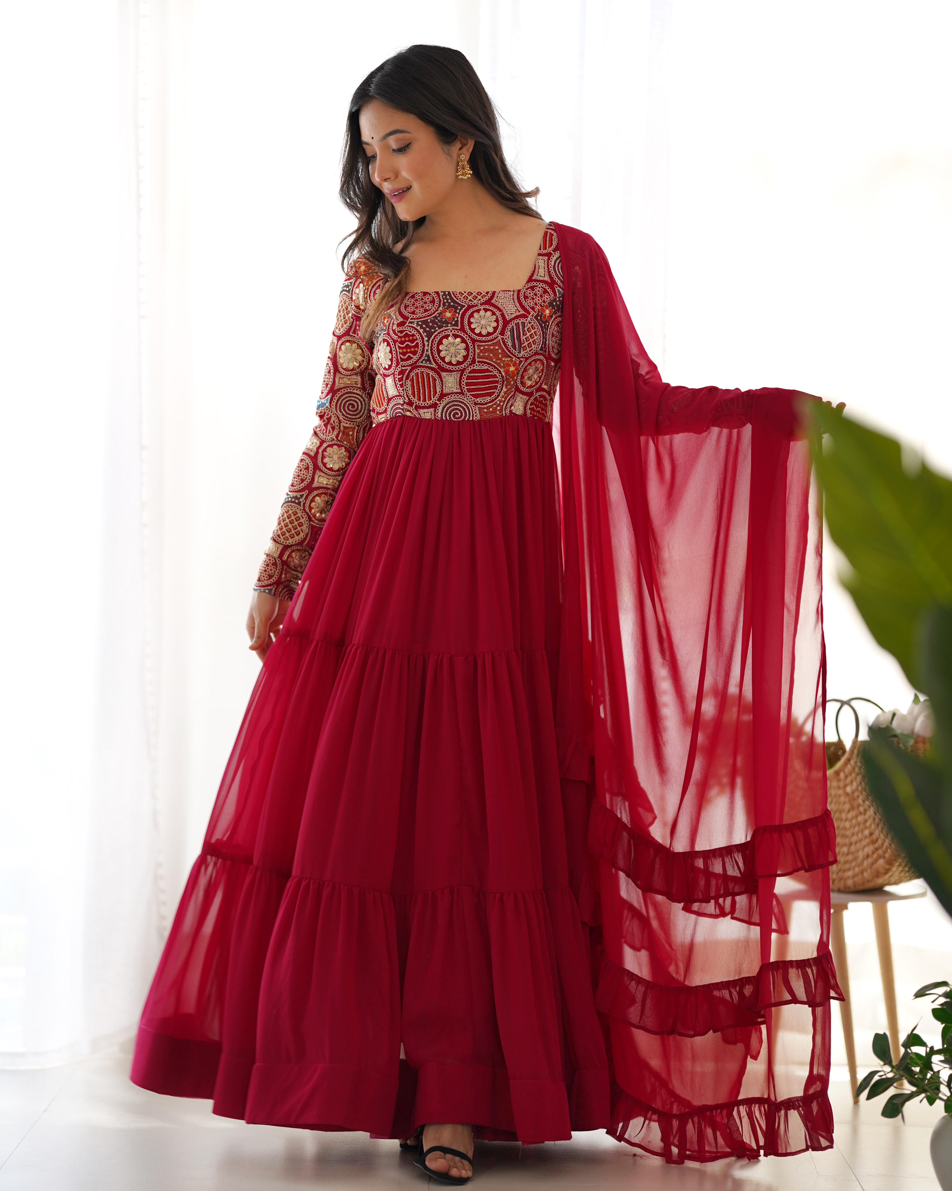 Maroon Pure Soft Fox Georgette Anarkali Suit Set With Huge Flair, Dupatta & Pant