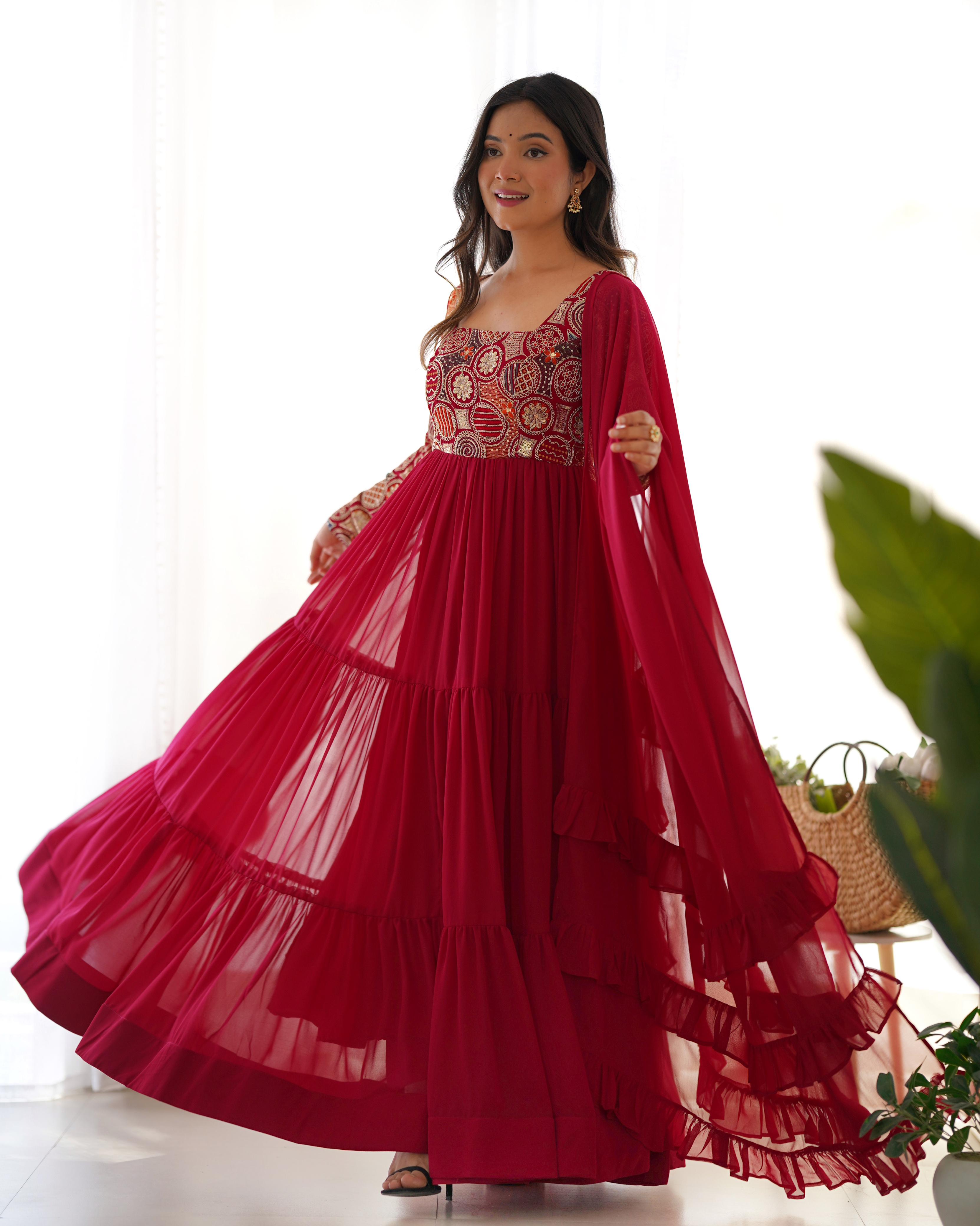 Maroon Pure Soft Fox Georgette Anarkali Suit Set With Huge Flair, Dupatta & Pant