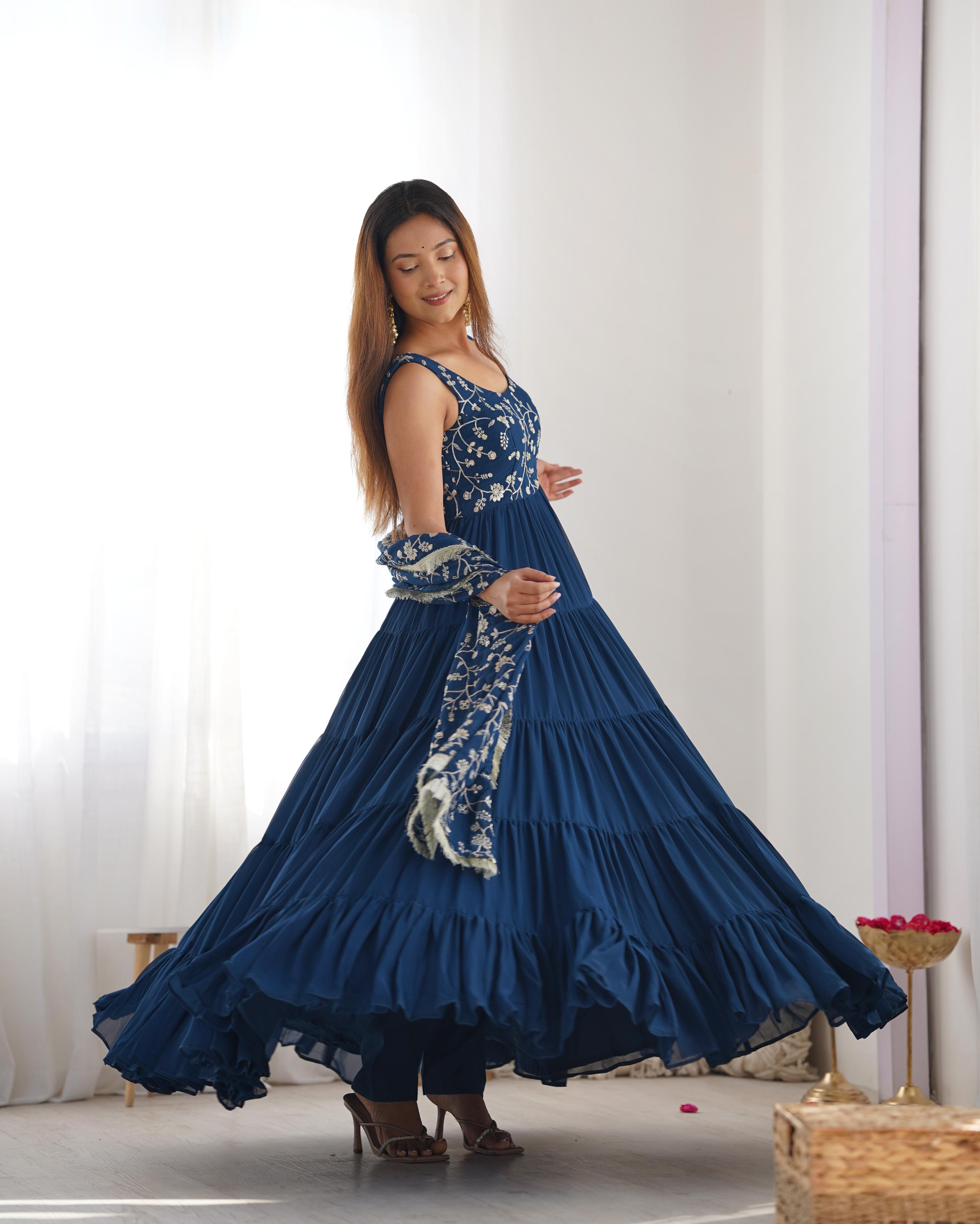 Rama Pure Soft Fox Georgette Anarkali Suit Set With Huge Flair, Dupatta & Pant