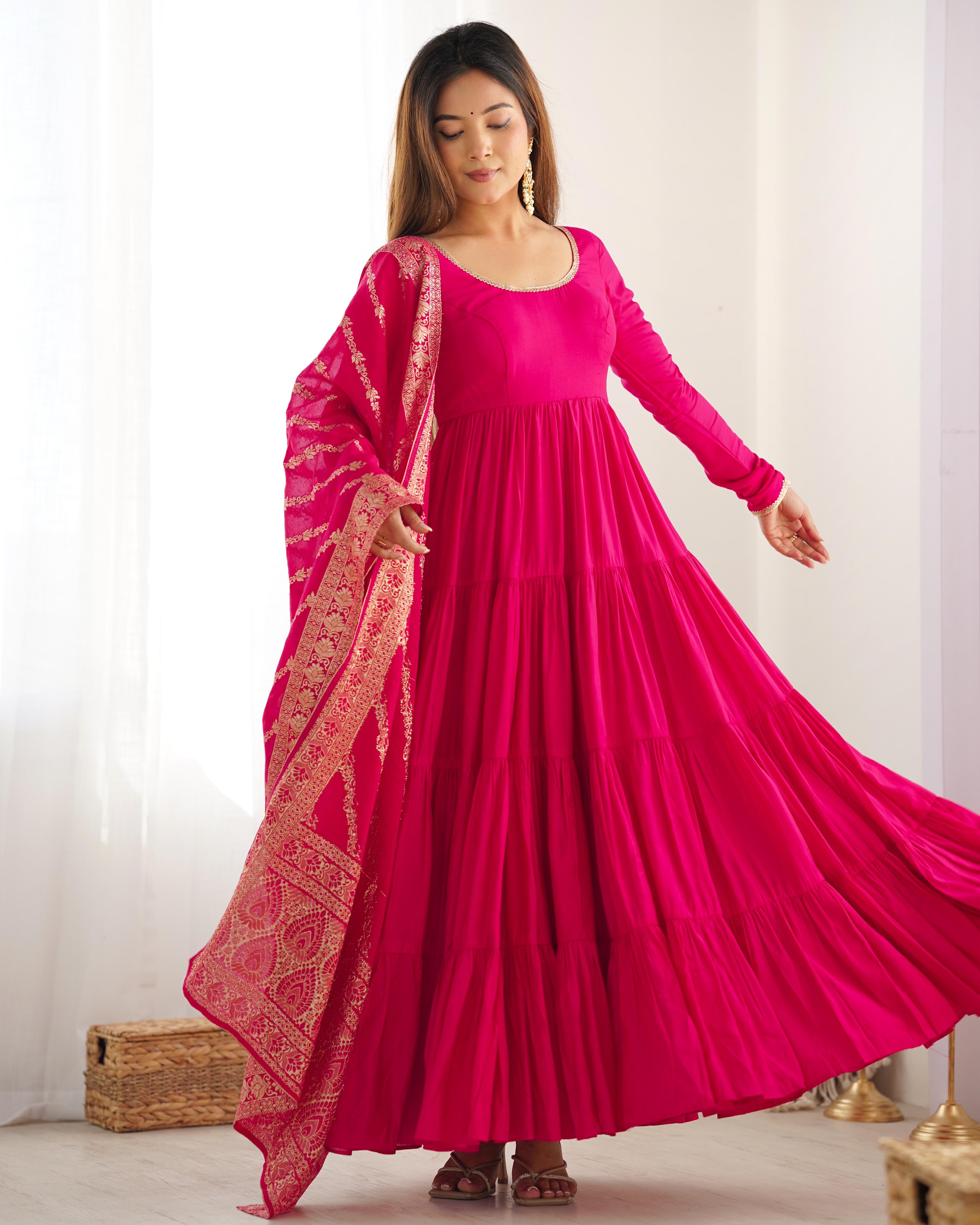 Pink Pure Roman Silk Chanderi Anarkali Suit Set With Huge Flair, Dupatta & Pant