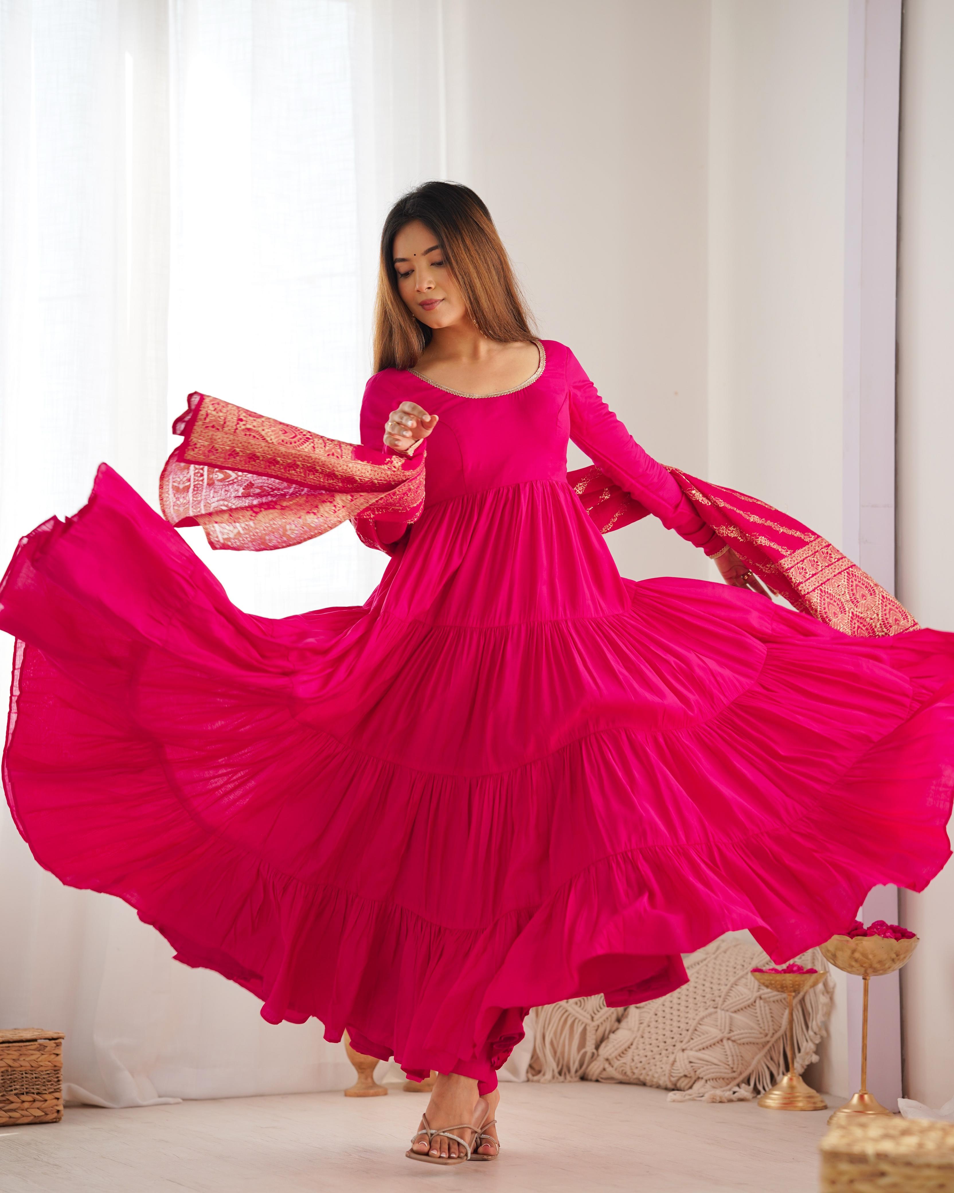Pink Pure Roman Silk Chanderi Anarkali Suit Set With Huge Flair, Dupatta & Pant