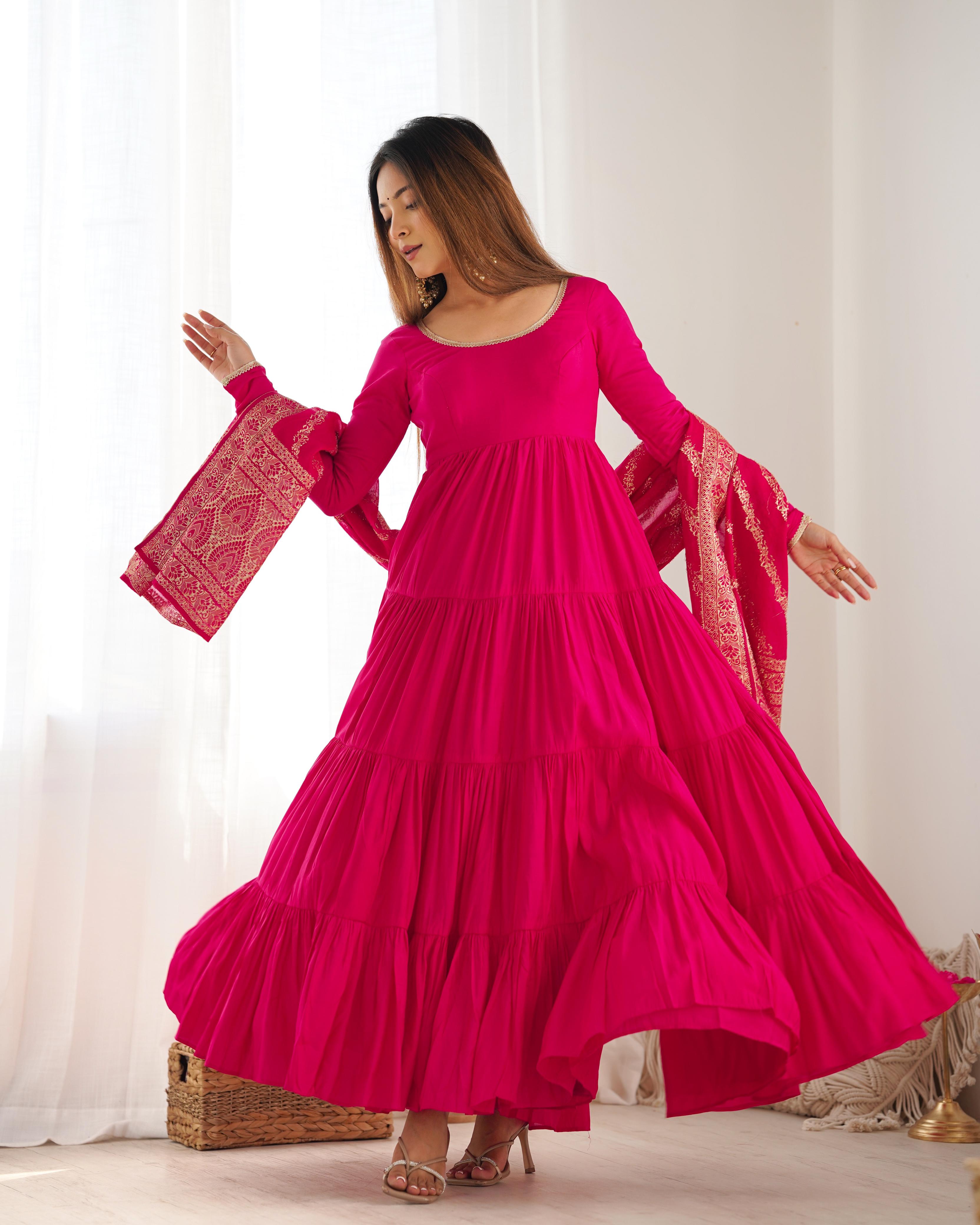 Pink Pure Roman Silk Chanderi Anarkali Suit Set With Huge Flair, Dupatta & Pant