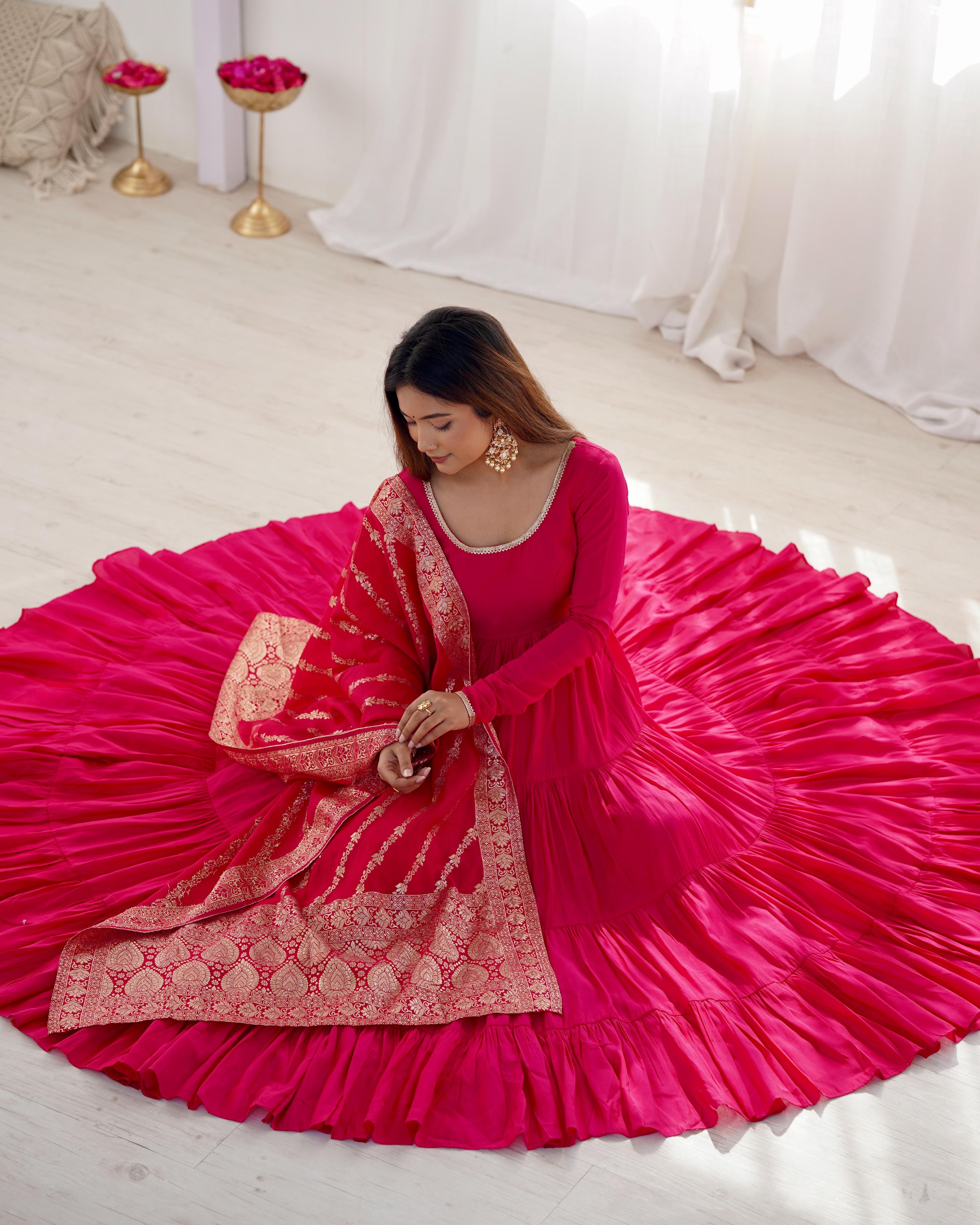 Pink Pure Roman Silk Chanderi Anarkali Suit Set With Huge Flair, Dupatta & Pant
