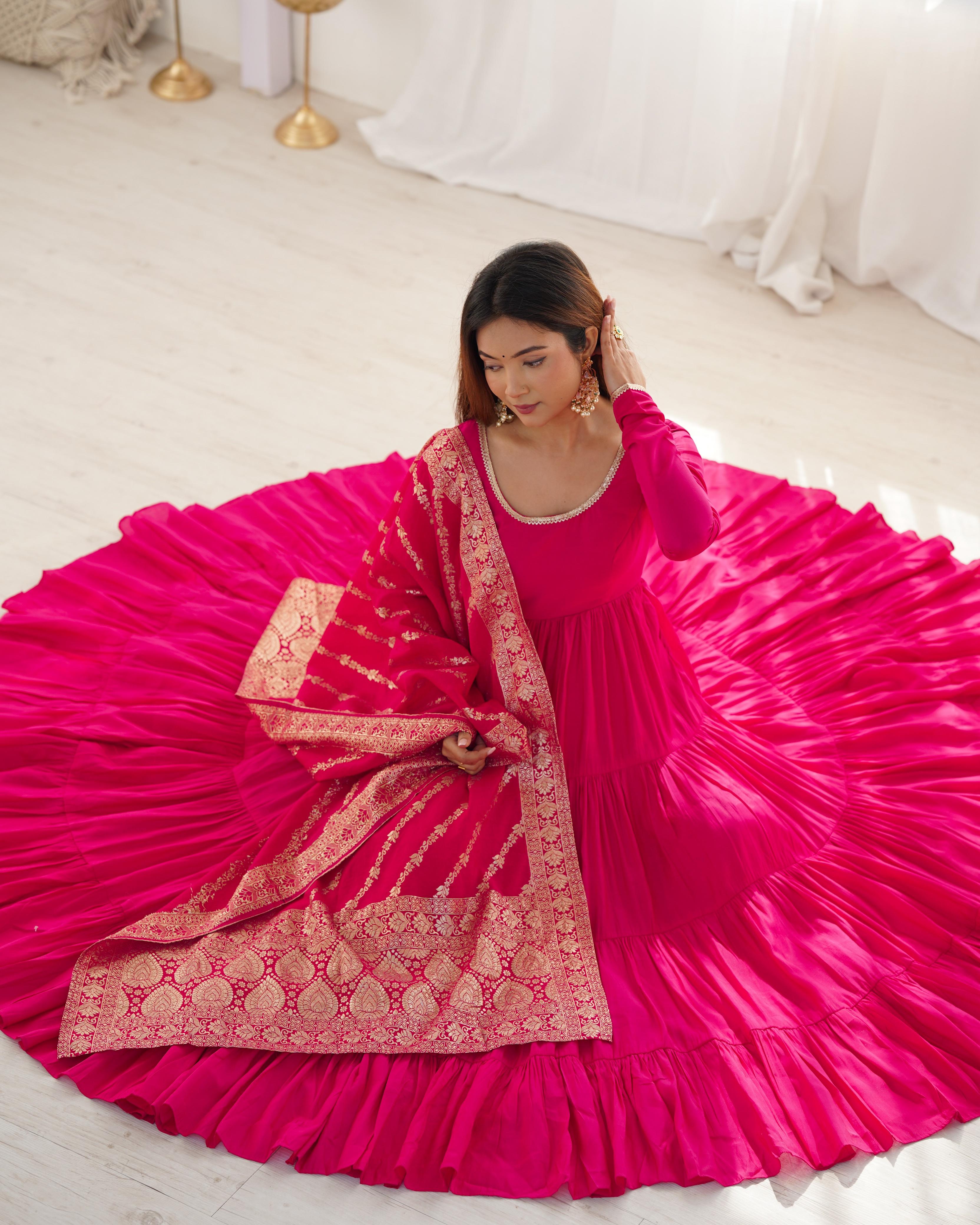 Pink Pure Roman Silk Chanderi Anarkali Suit Set With Huge Flair, Dupatta & Pant