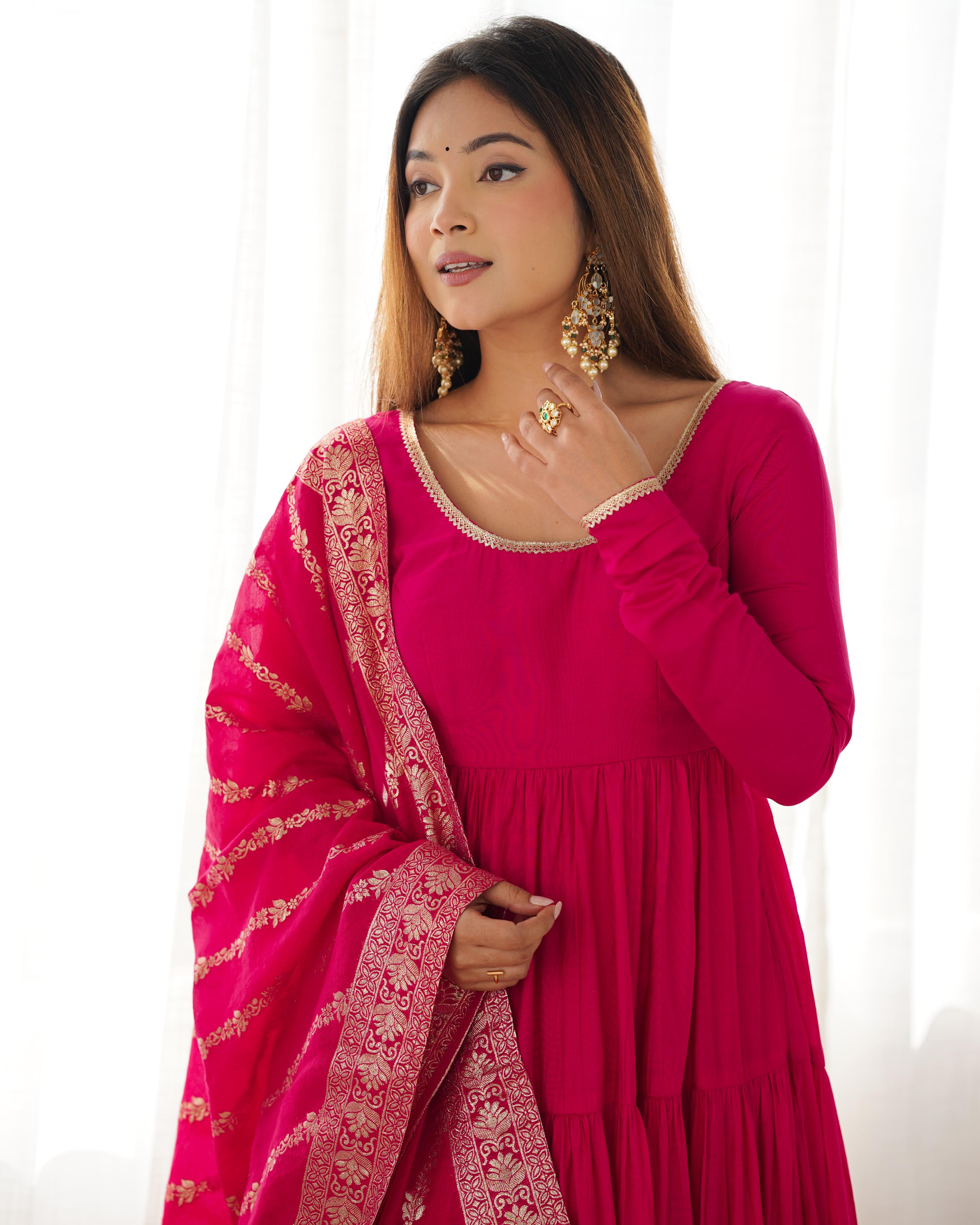 Pink Pure Roman Silk Chanderi Anarkali Suit Set With Huge Flair, Dupatta & Pant