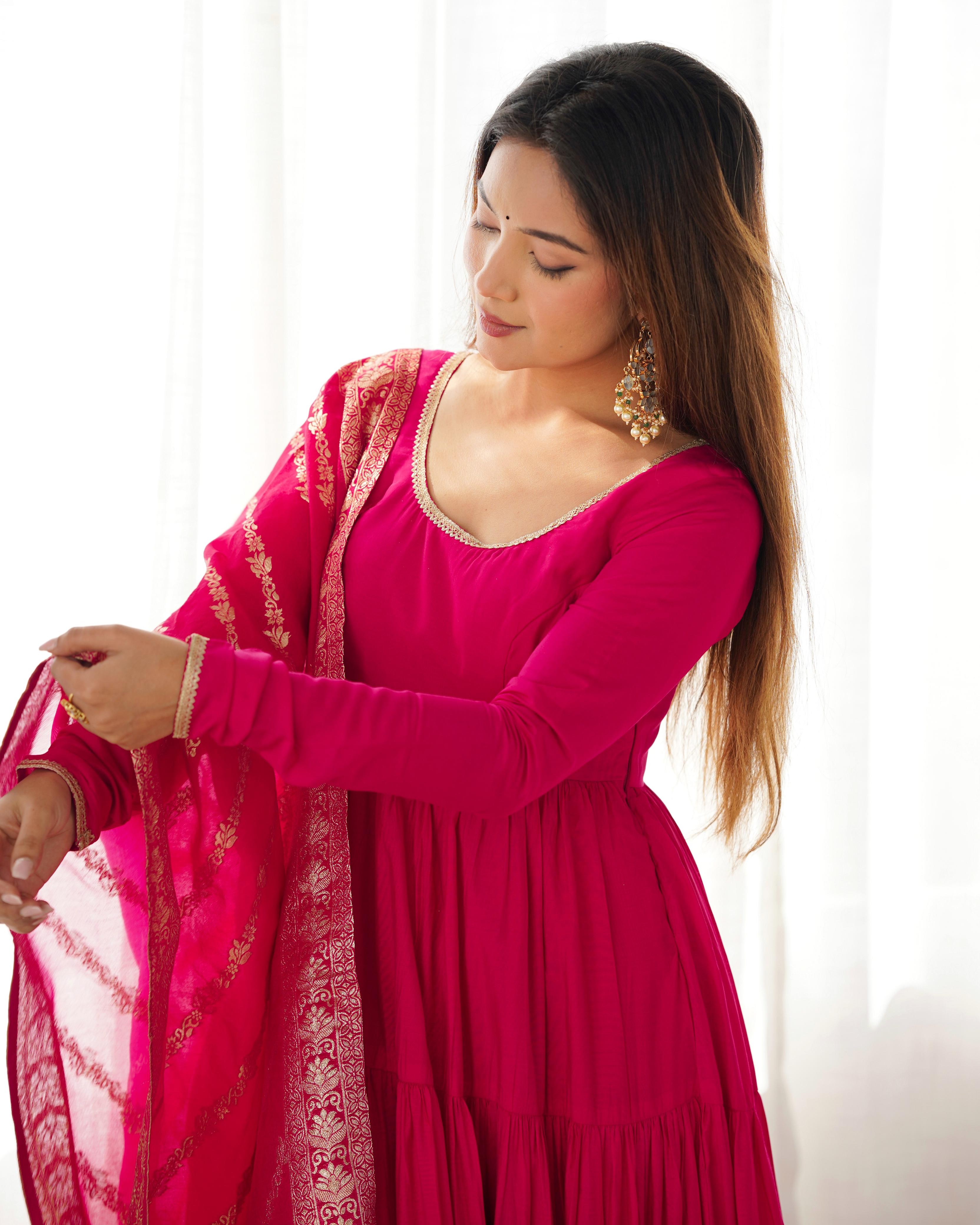 Pink Pure Roman Silk Chanderi Anarkali Suit Set With Huge Flair, Dupatta & Pant