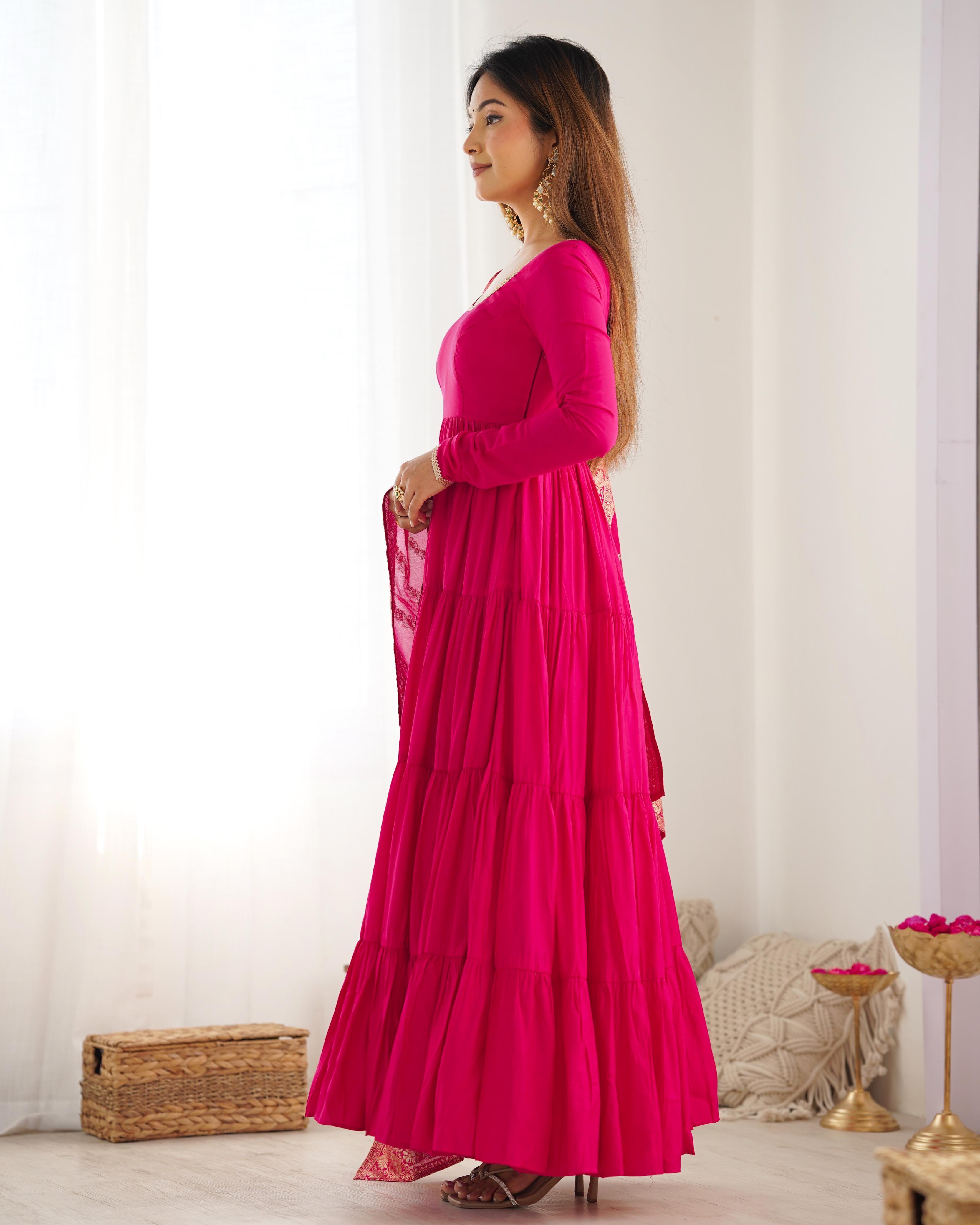 Pink Pure Roman Silk Chanderi Anarkali Suit Set With Huge Flair, Dupatta & Pant