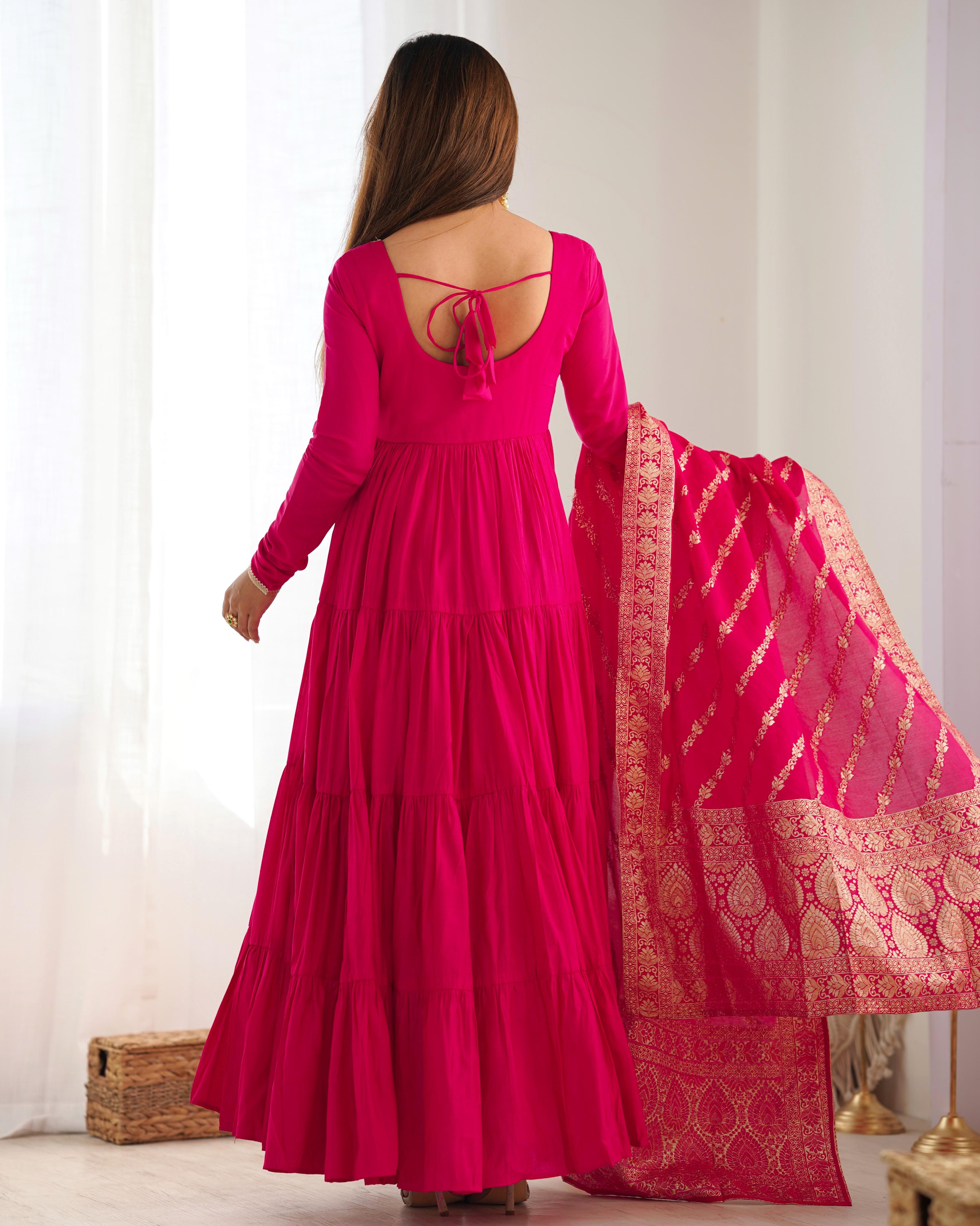 Pink Pure Roman Silk Chanderi Anarkali Suit Set With Huge Flair, Dupatta & Pant