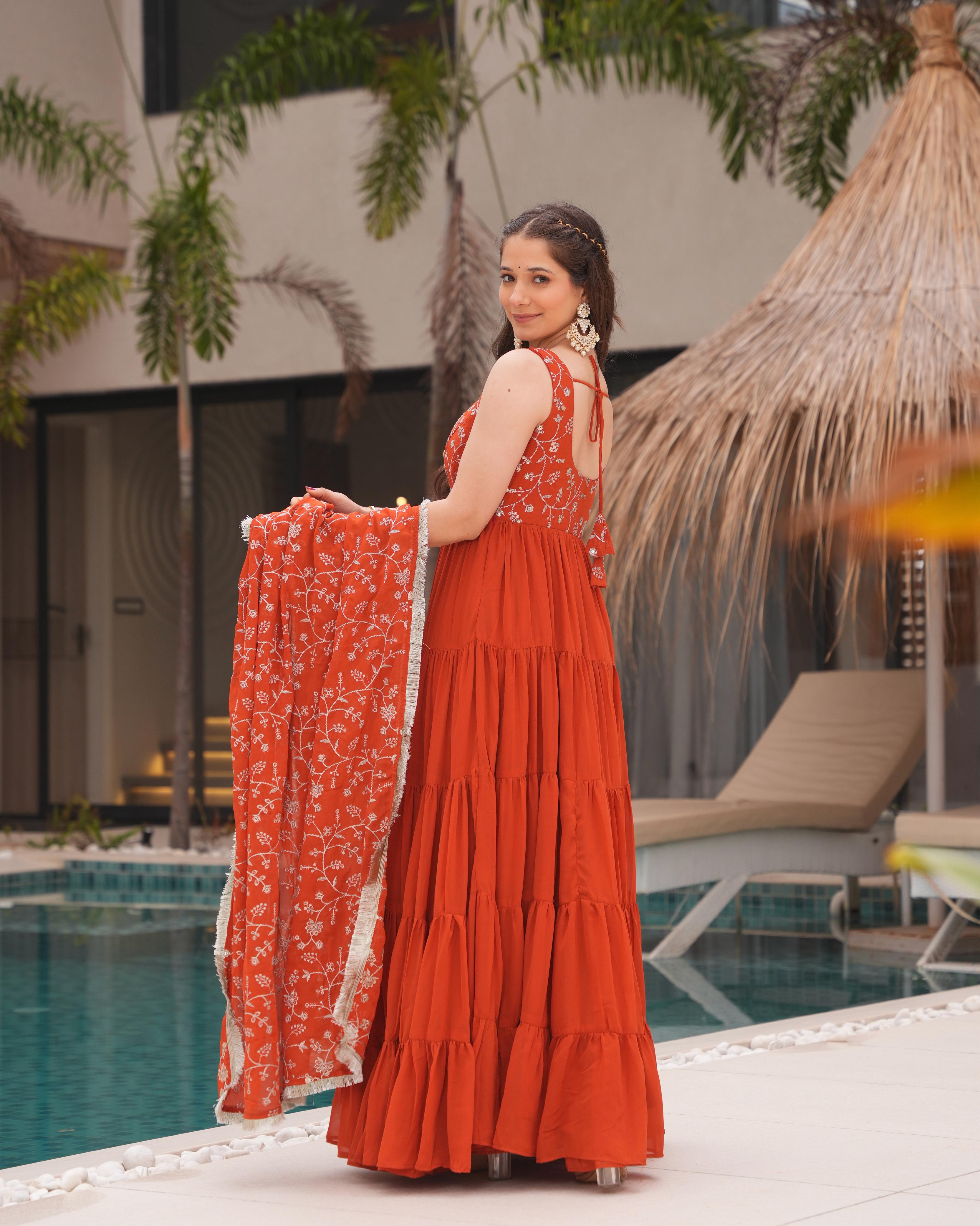 Rust Orange Pure Soft Fox Georgette Anarkali Suit Set With Huge Flair, Dupatta & Pant