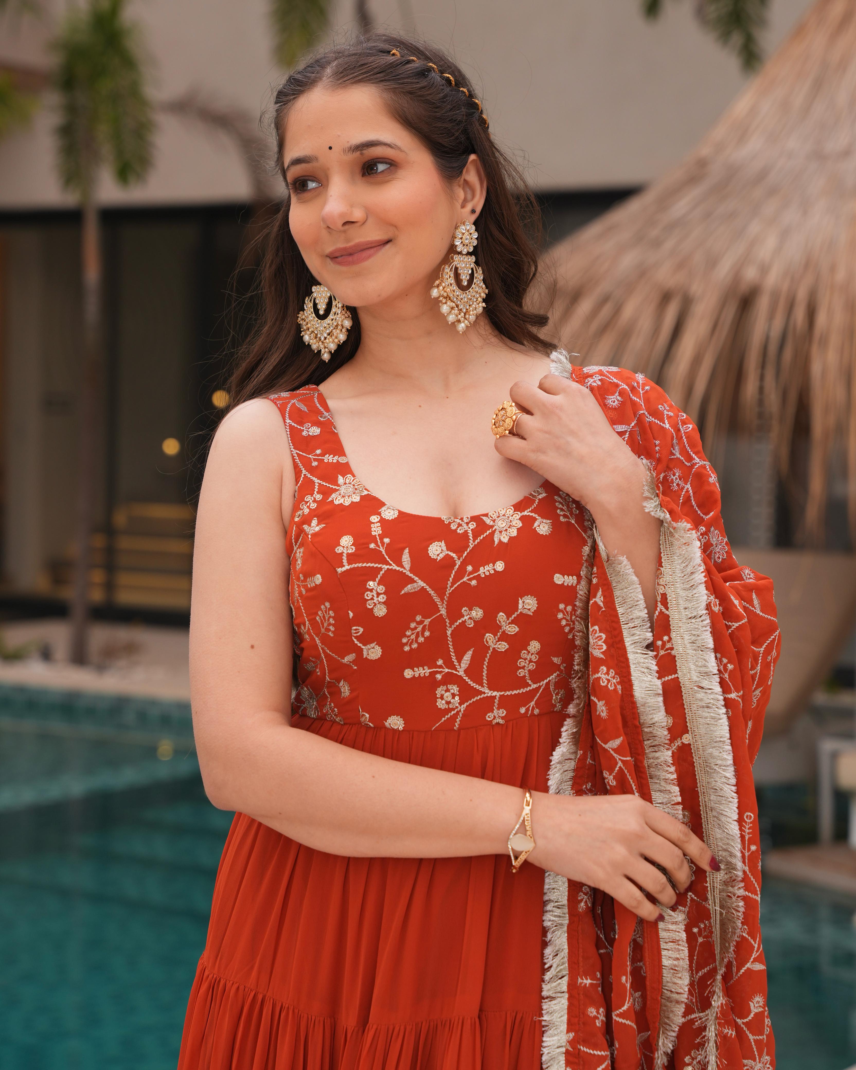 Rust Orange Pure Soft Fox Georgette Anarkali Suit Set With Huge Flair, Dupatta & Pant