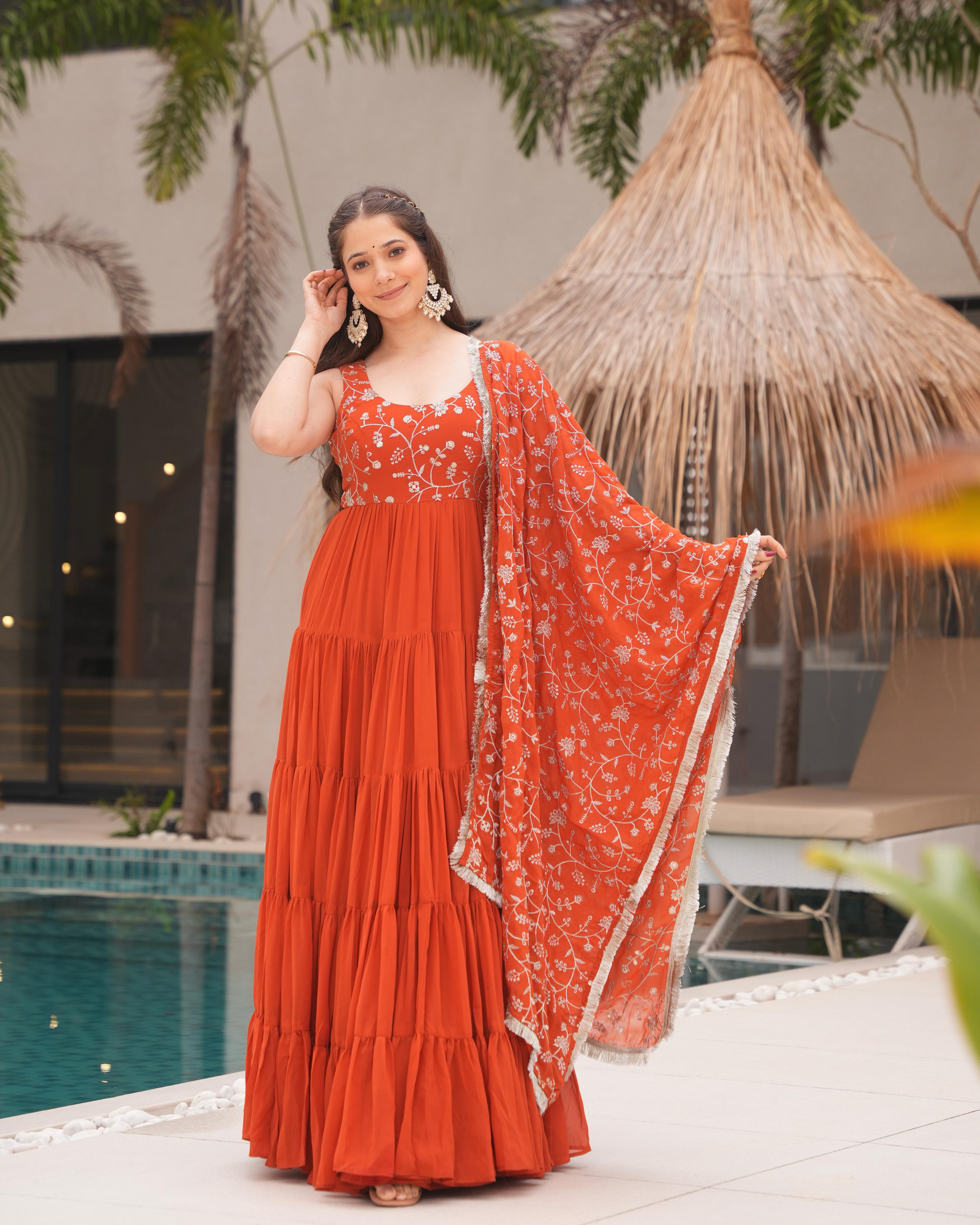 Rust Orange Pure Soft Fox Georgette Anarkali Suit Set With Huge Flair, Dupatta & Pant