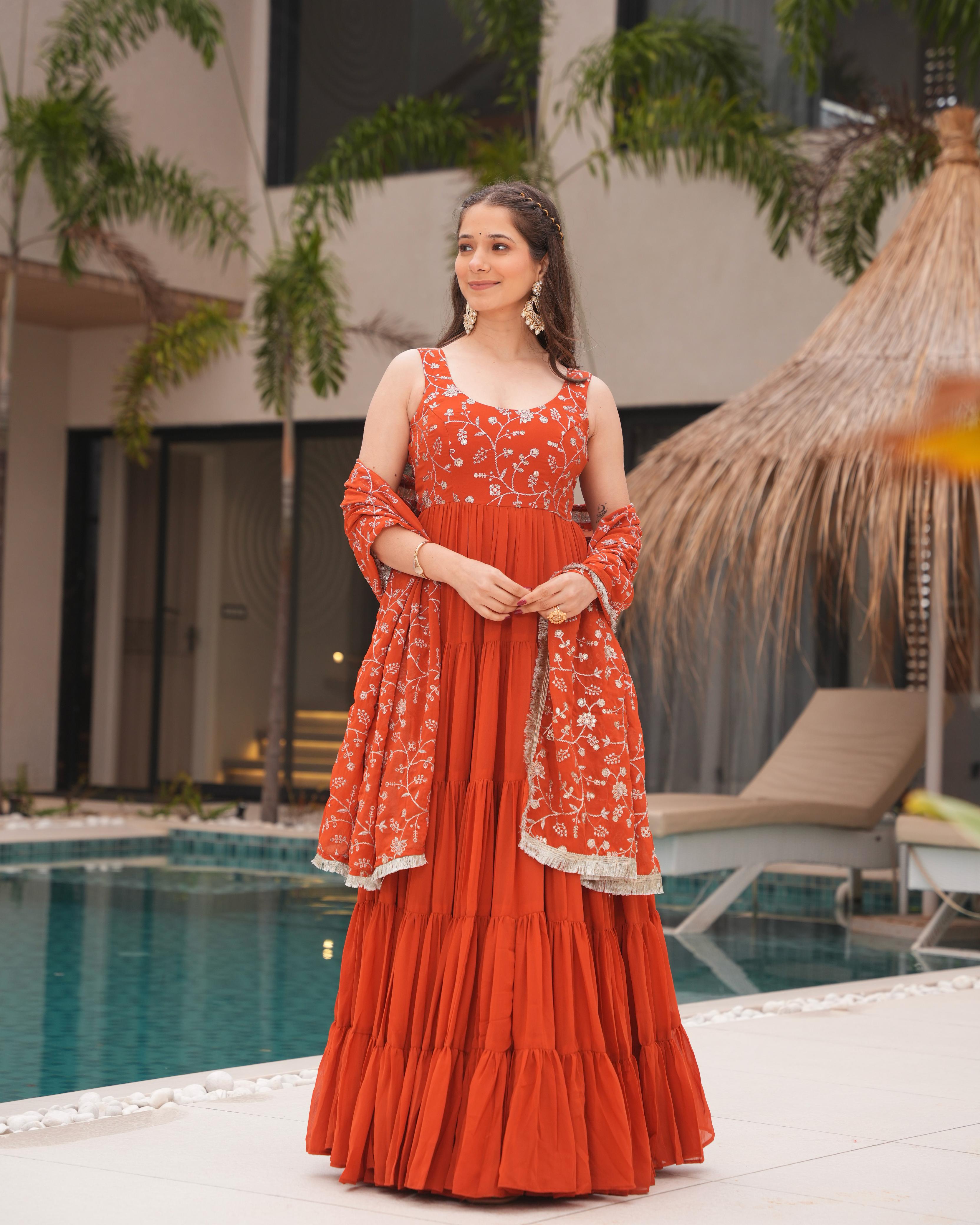 Rust Orange Pure Soft Fox Georgette Anarkali Suit Set With Huge Flair, Dupatta & Pant