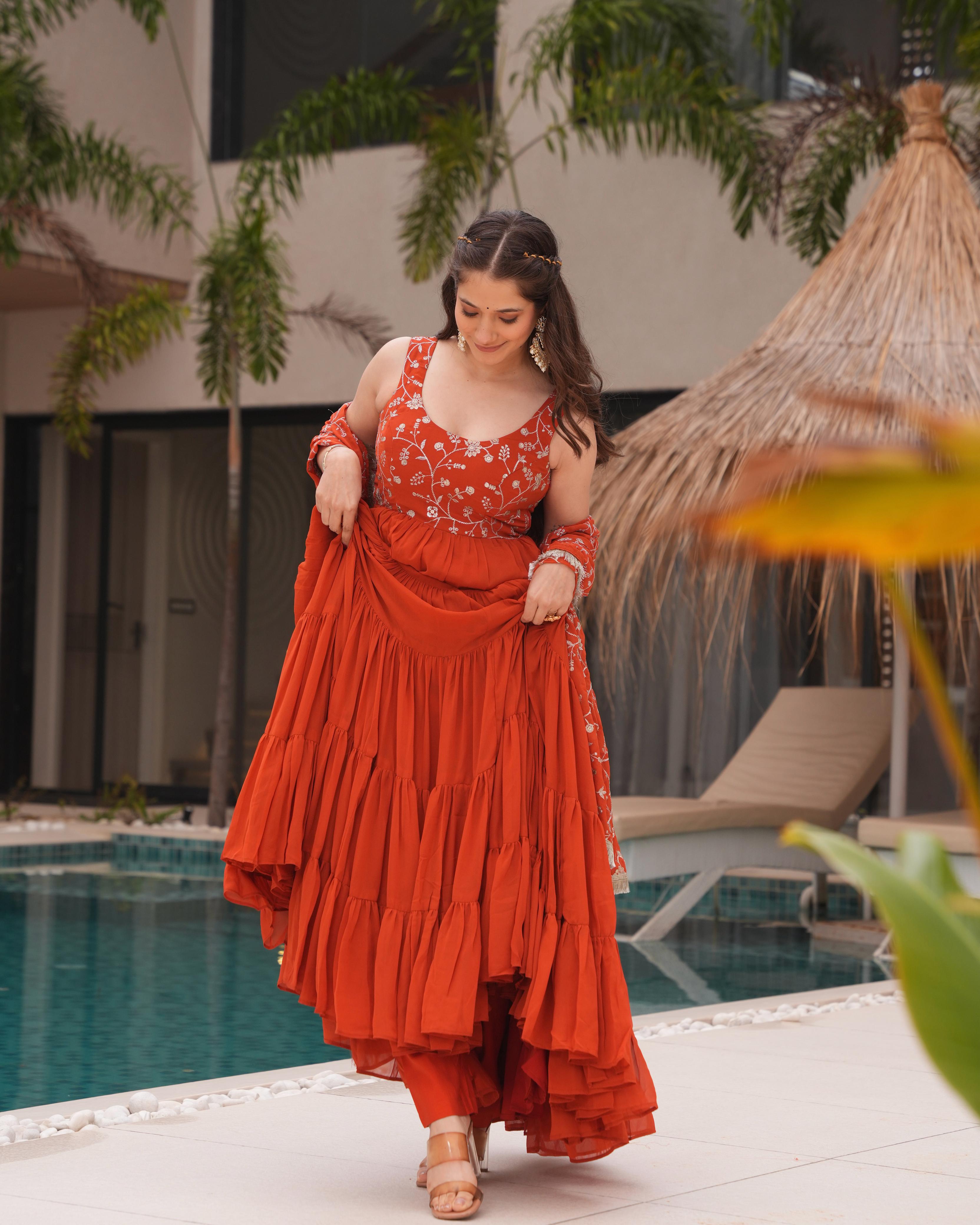 Rust Orange Pure Soft Fox Georgette Anarkali Suit Set With Huge Flair, Dupatta & Pant