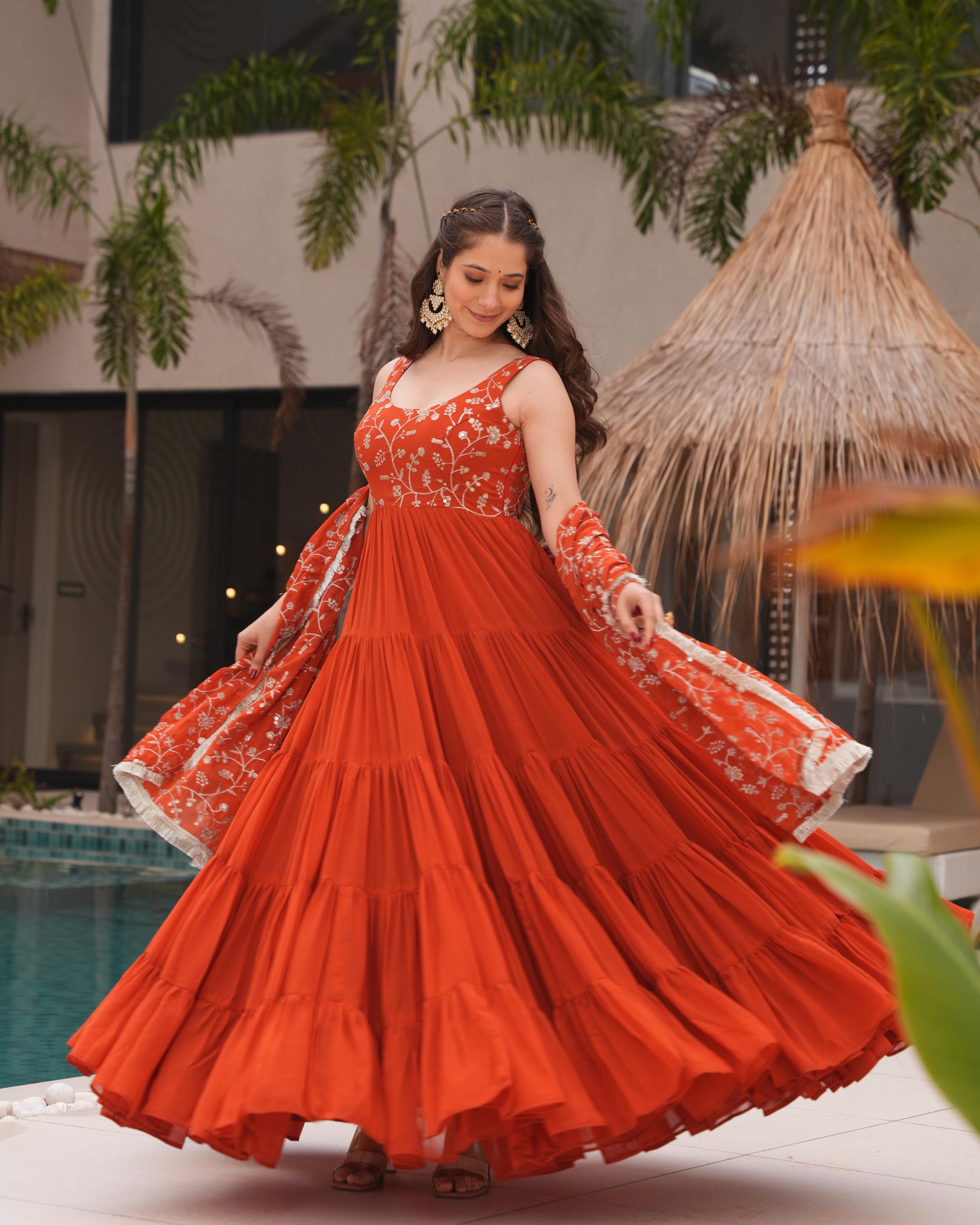 Rust Orange Pure Soft Fox Georgette Anarkali Suit Set With Huge Flair, Dupatta & Pant