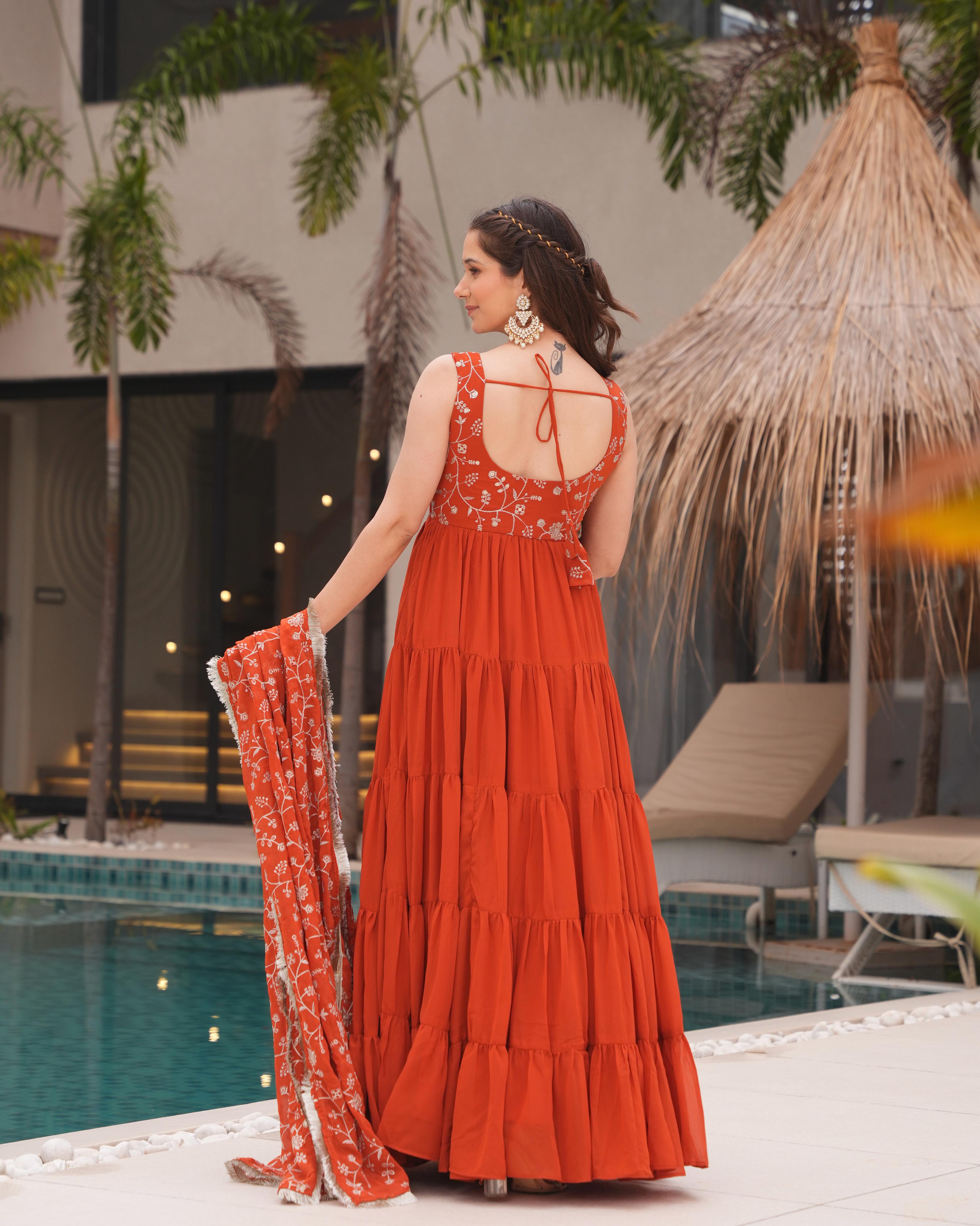Rust Orange Pure Soft Fox Georgette Anarkali Suit Set With Huge Flair, Dupatta & Pant