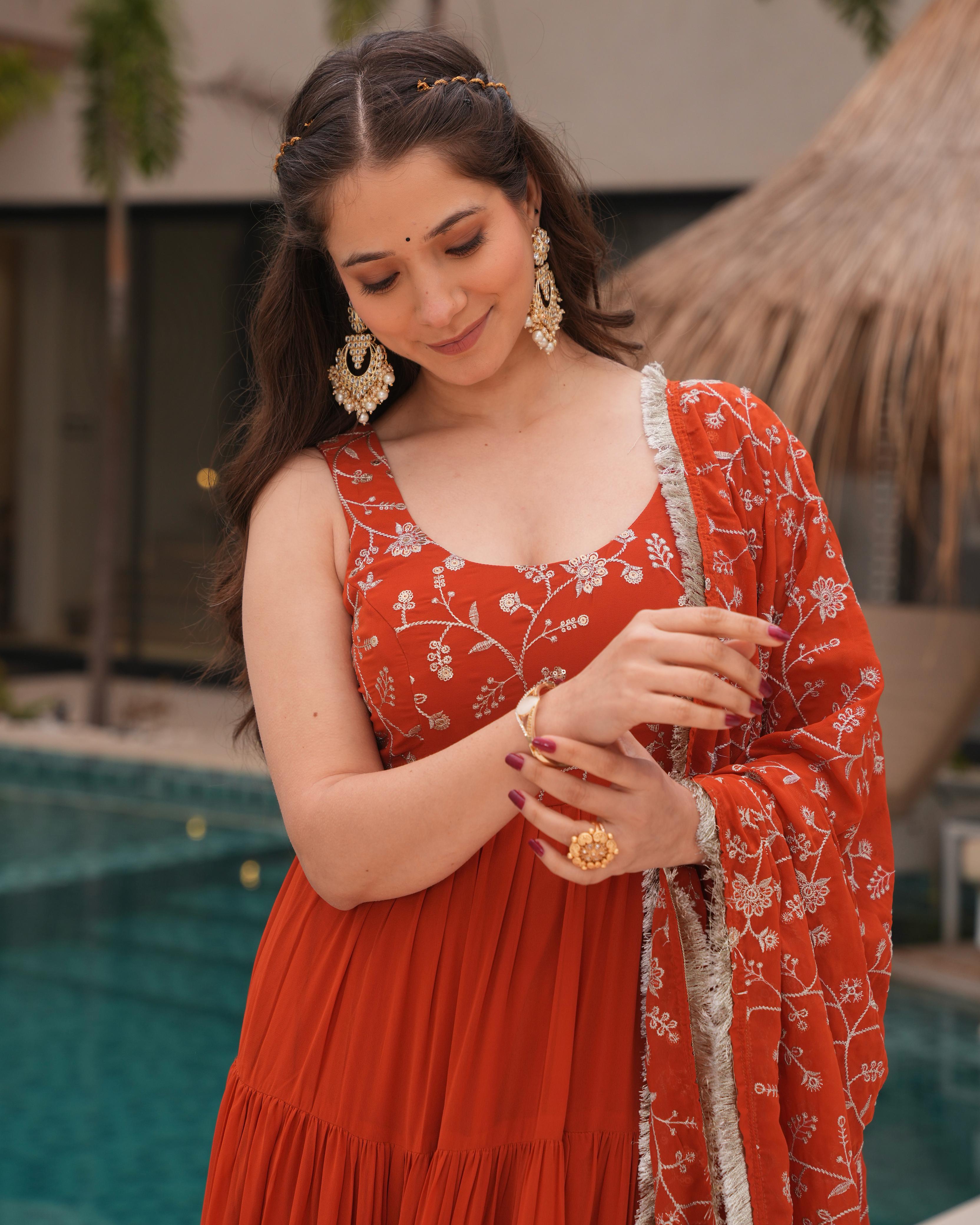Rust Orange Pure Soft Fox Georgette Anarkali Suit Set With Huge Flair, Dupatta & Pant