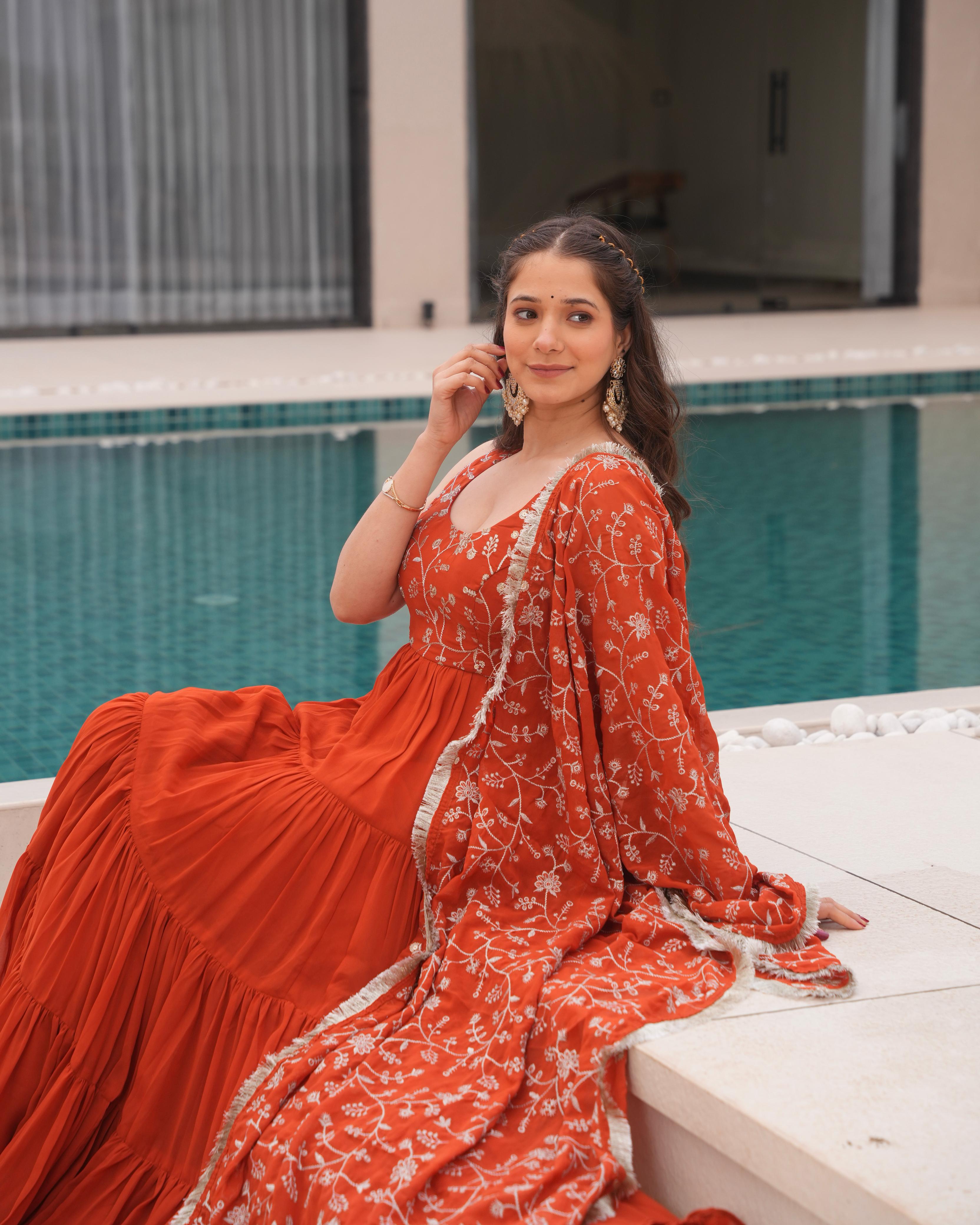 Rust Orange Pure Soft Fox Georgette Anarkali Suit Set With Huge Flair, Dupatta & Pant