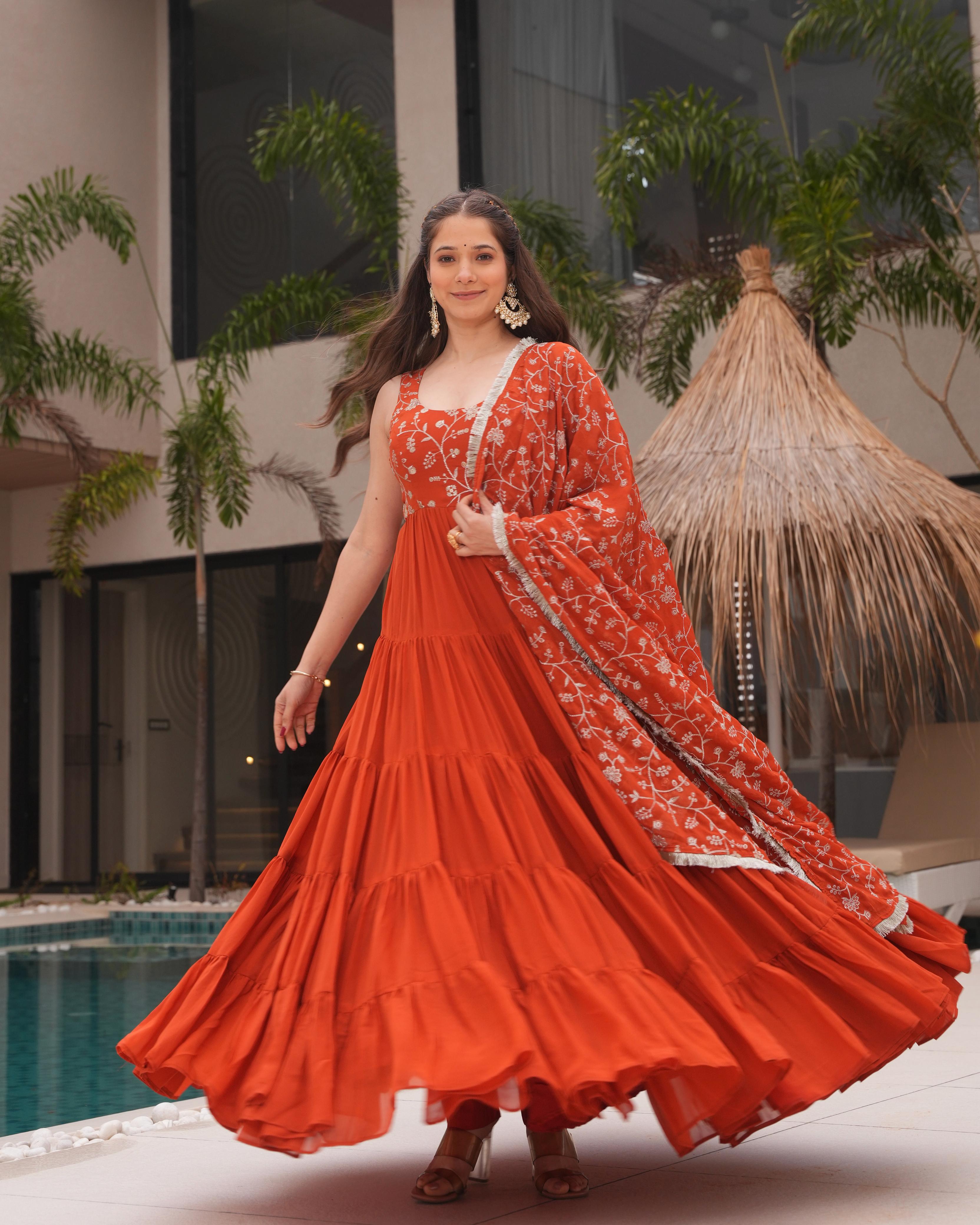 Rust Orange Pure Soft Fox Georgette Anarkali Suit Set With Huge Flair, Dupatta & Pant