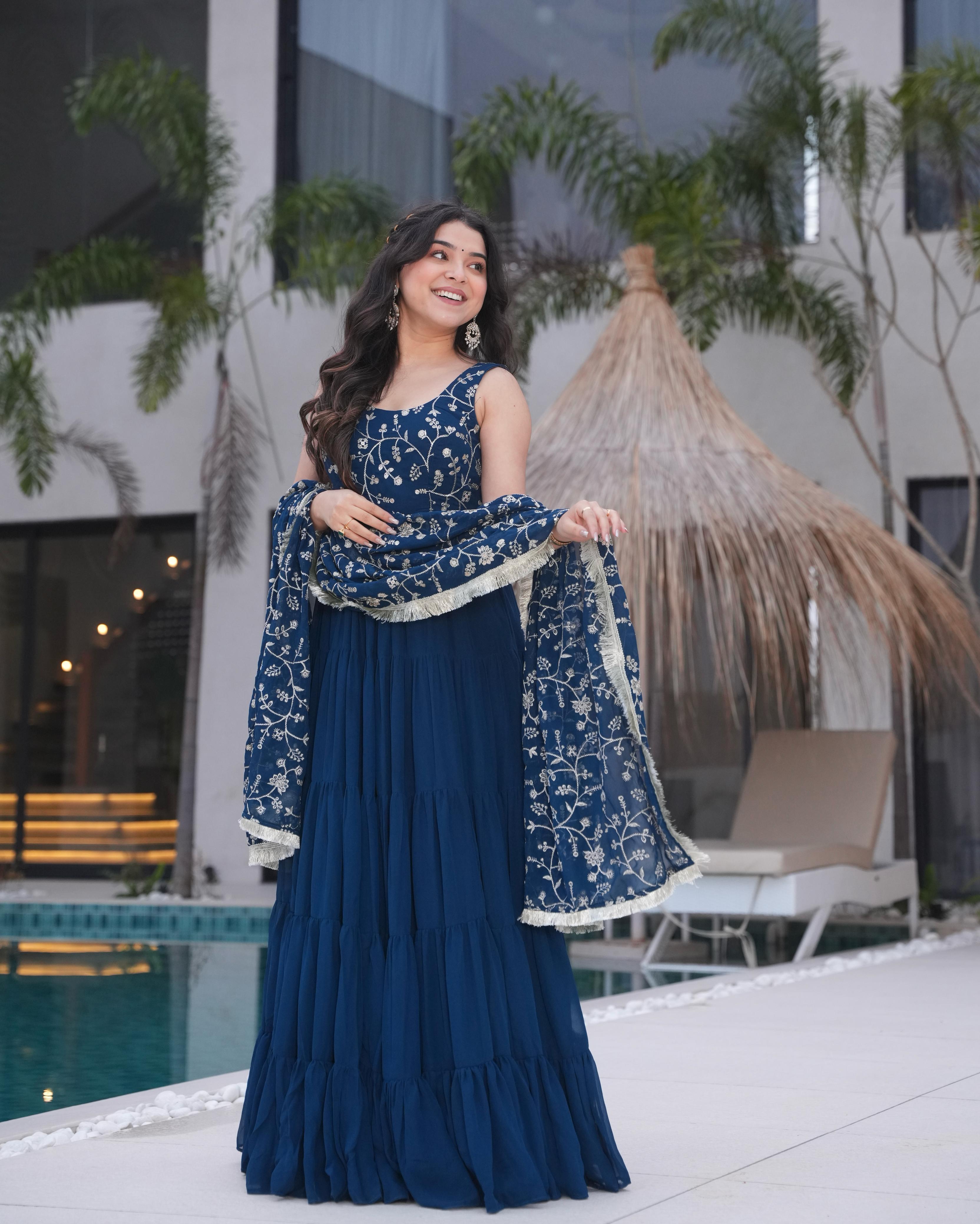 Teal Blue Pure Soft Fox Georgette Anarkali Suit Set With Huge Flair, Dupatta & Pant