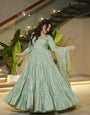 Pista Green Pure Roman Silk Chanderi Anarkali Suit Set With Huge Flair, Dupatta & Pant