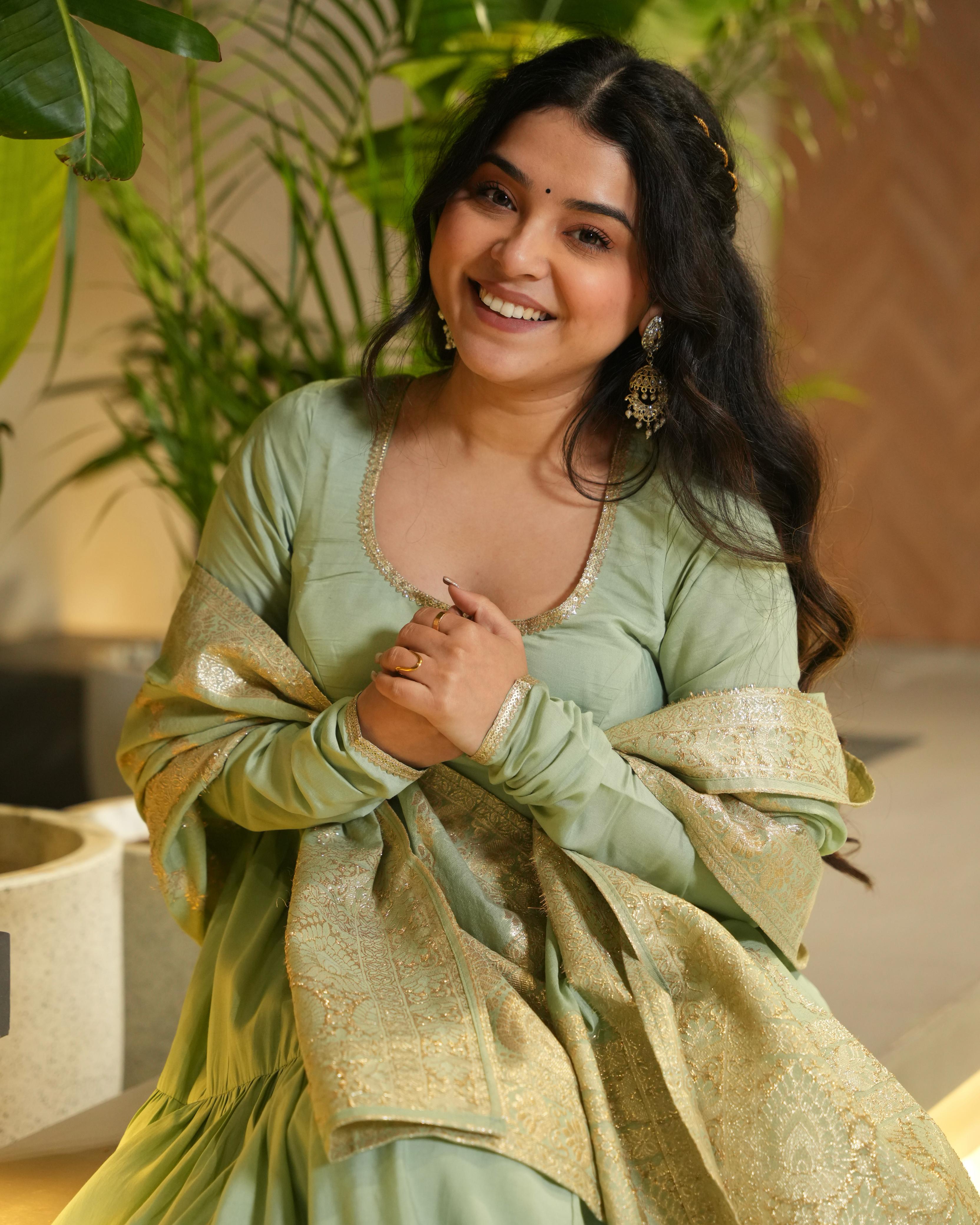 Pista Green Pure Roman Silk Chanderi Anarkali Suit Set With Huge Flair, Dupatta & Pant