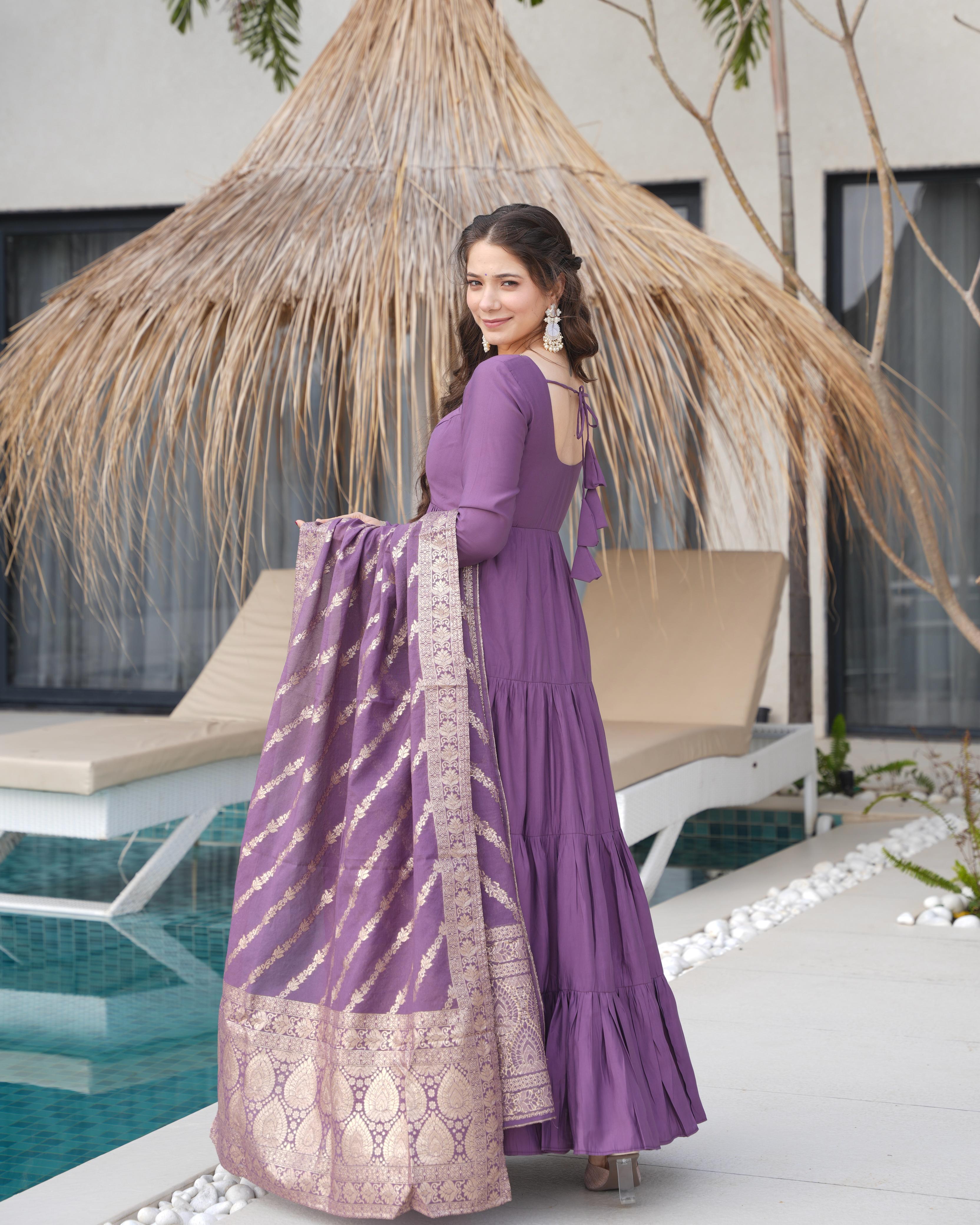 Mauve Purple Pure Roman Silk Chanderi Anarkali Suit Set With Huge Flair, Dupatta & Pant