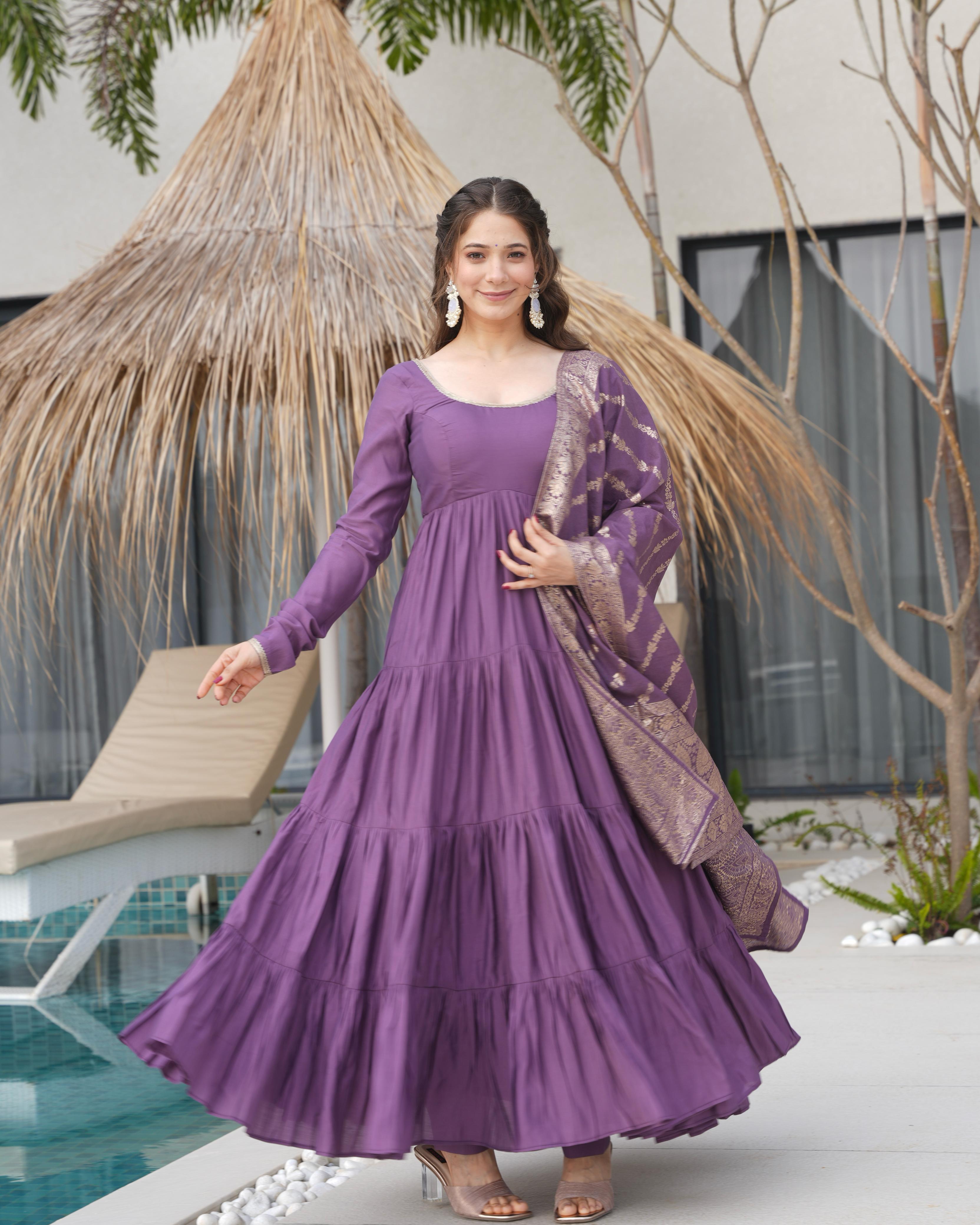 Mauve Purple Pure Roman Silk Chanderi Anarkali Suit Set With Huge Flair, Dupatta & Pant