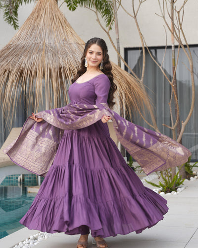 Mauve Purple Pure Roman Silk Chanderi Anarkali Suit Set With Huge Flair, Dupatta & Pant