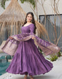 Mauve Purple Pure Roman Silk Chanderi Anarkali Suit Set With Huge Flair, Dupatta & Pant