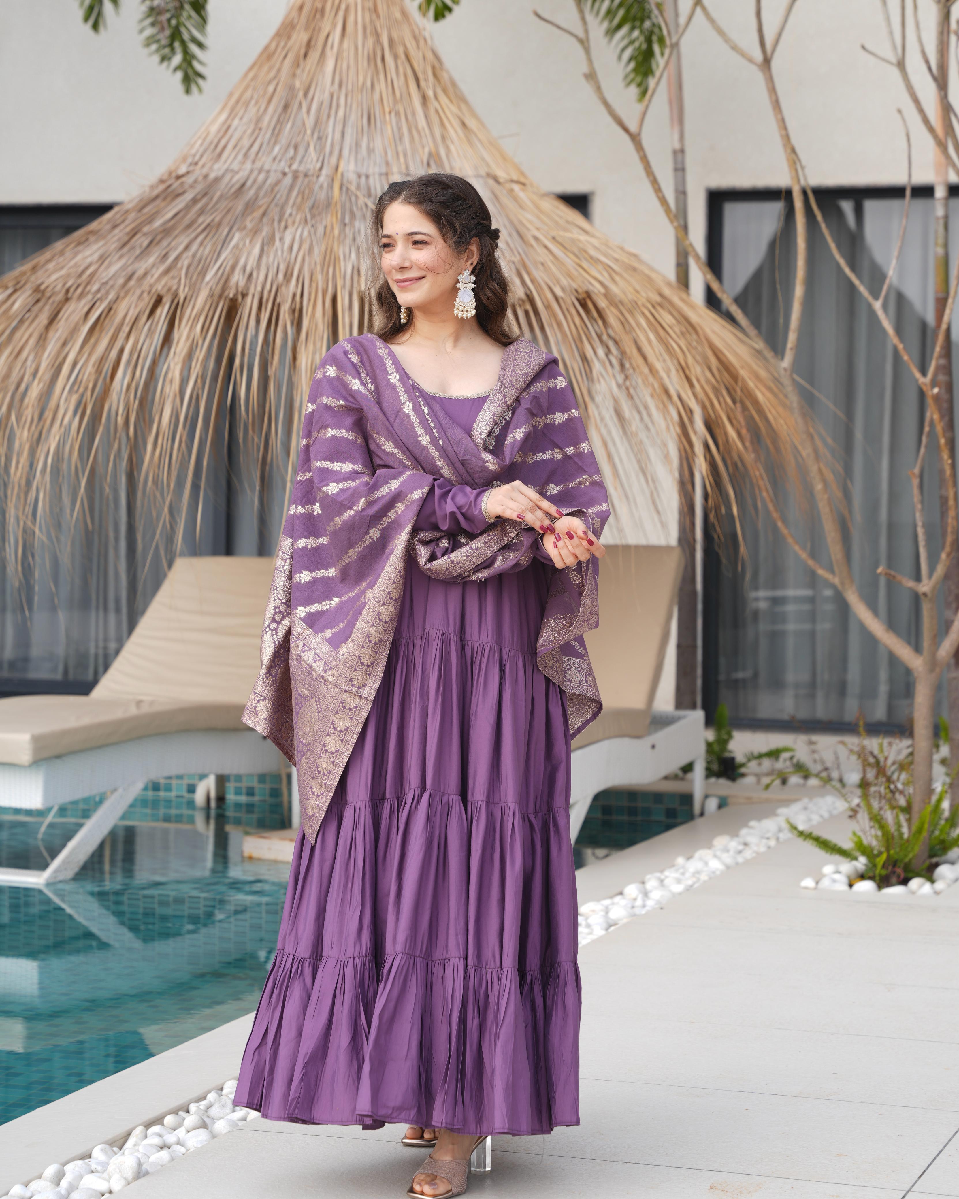 Mauve Purple Pure Roman Silk Chanderi Anarkali Suit Set With Huge Flair, Dupatta & Pant