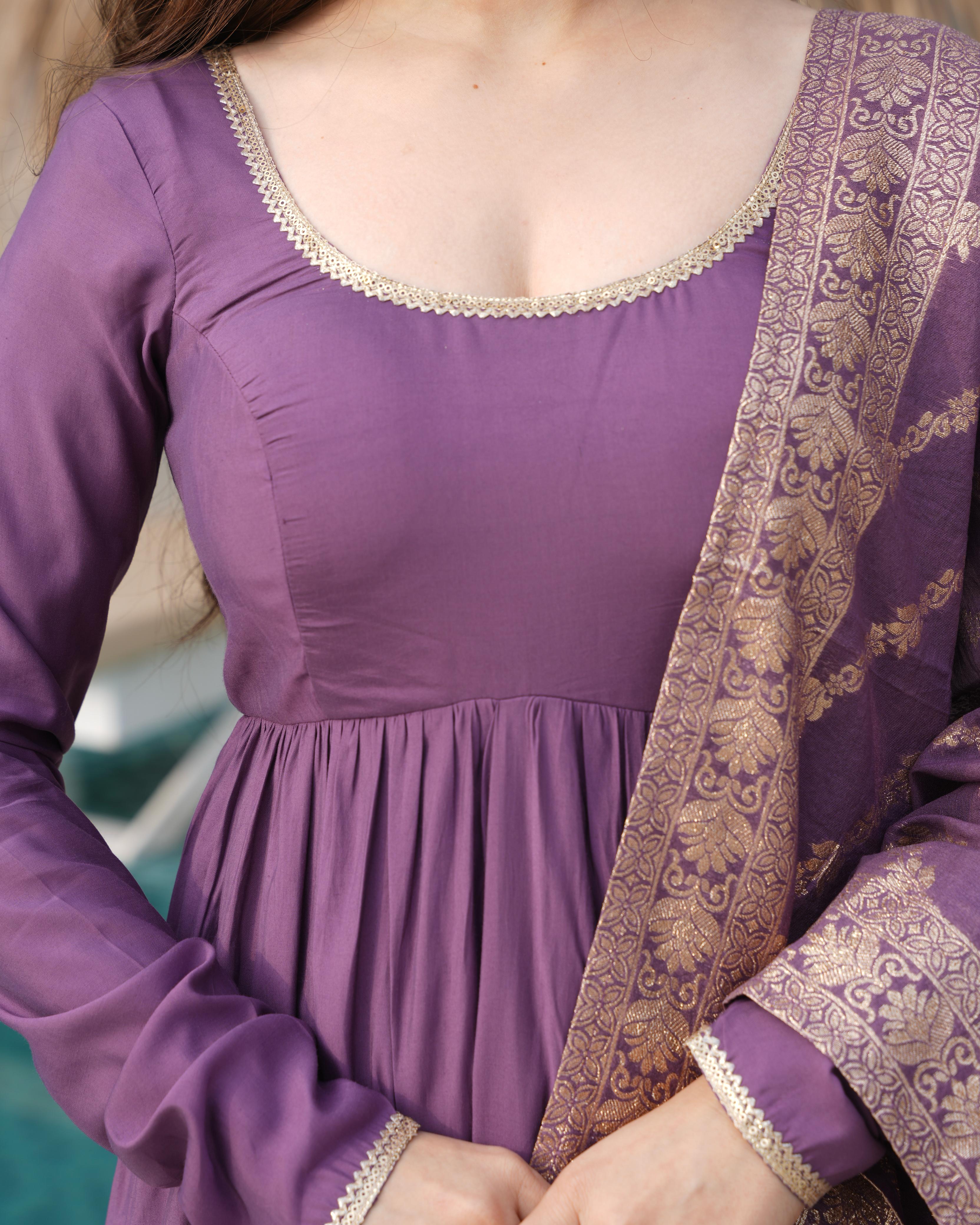 Mauve Purple Pure Roman Silk Chanderi Anarkali Suit Set With Huge Flair, Dupatta & Pant