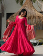 Rani Pink Pure Roman Silk Chanderi Anarkali Suit Set With Huge Flair, Dupatta & Pant
