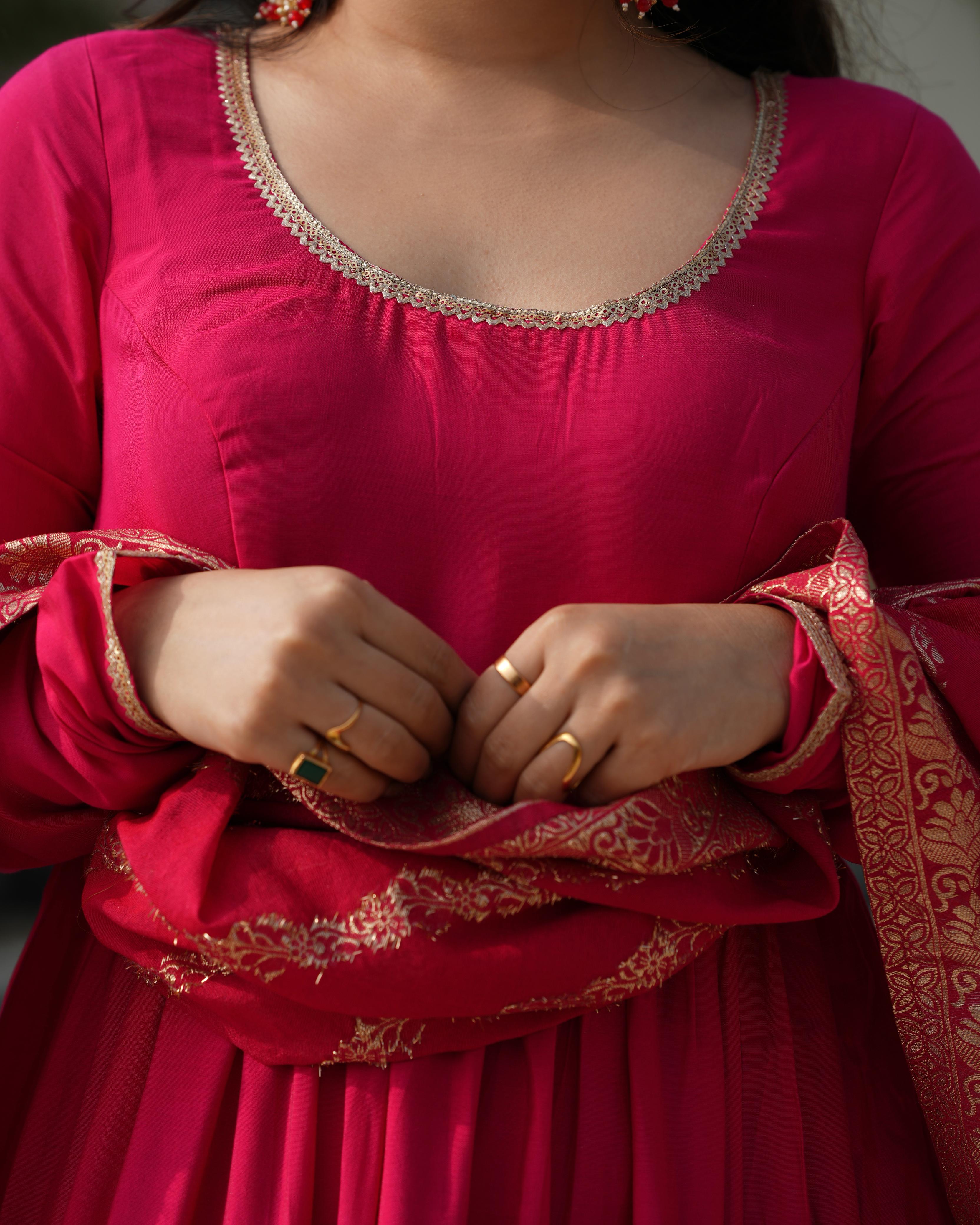 Rani Pink Pure Roman Silk Chanderi Anarkali Suit Set With Huge Flair, Dupatta & Pant