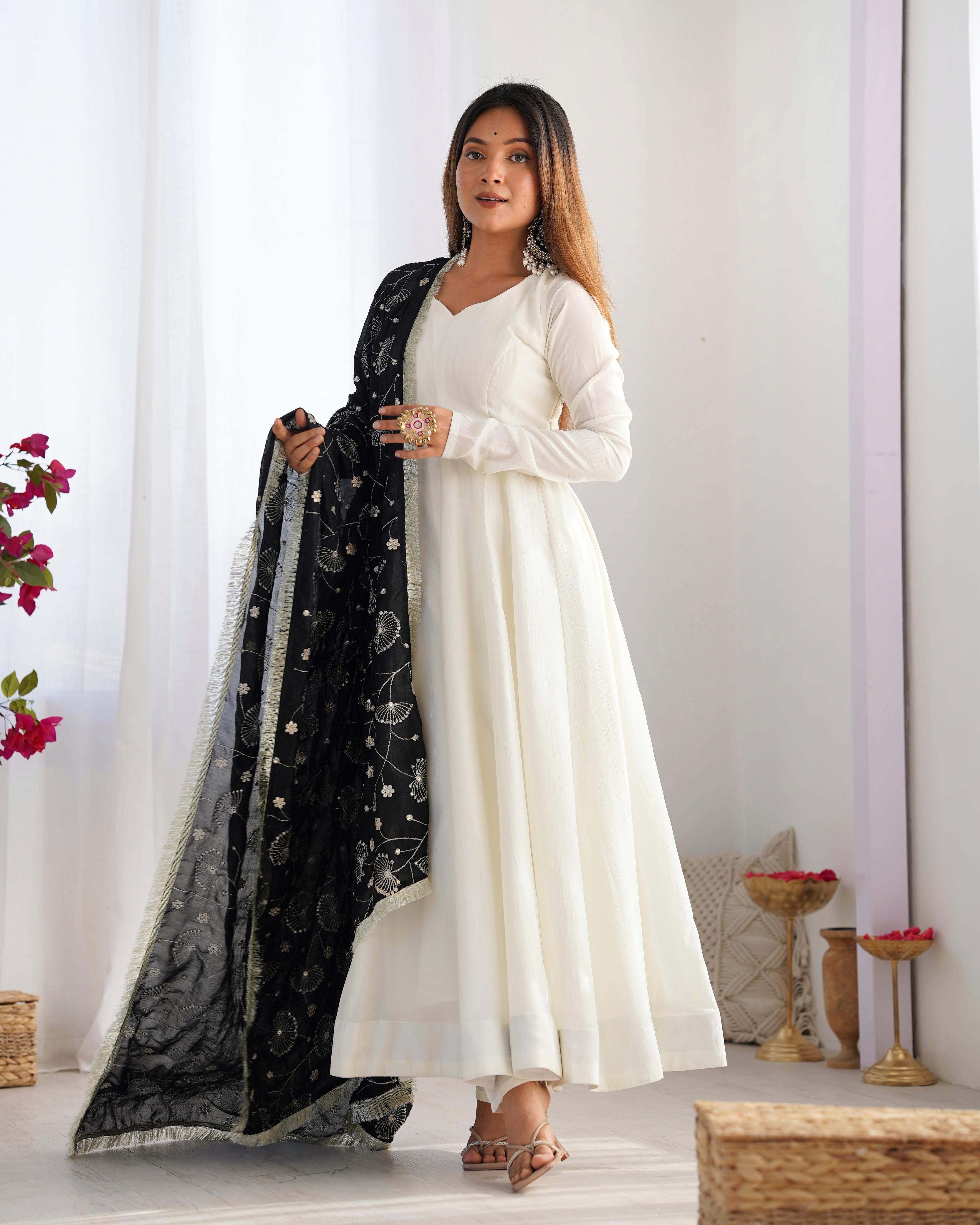 White Pure Soft Vichitra Silk Anarkali Suit Set With Huge Flair, Black Dupatta & Pant