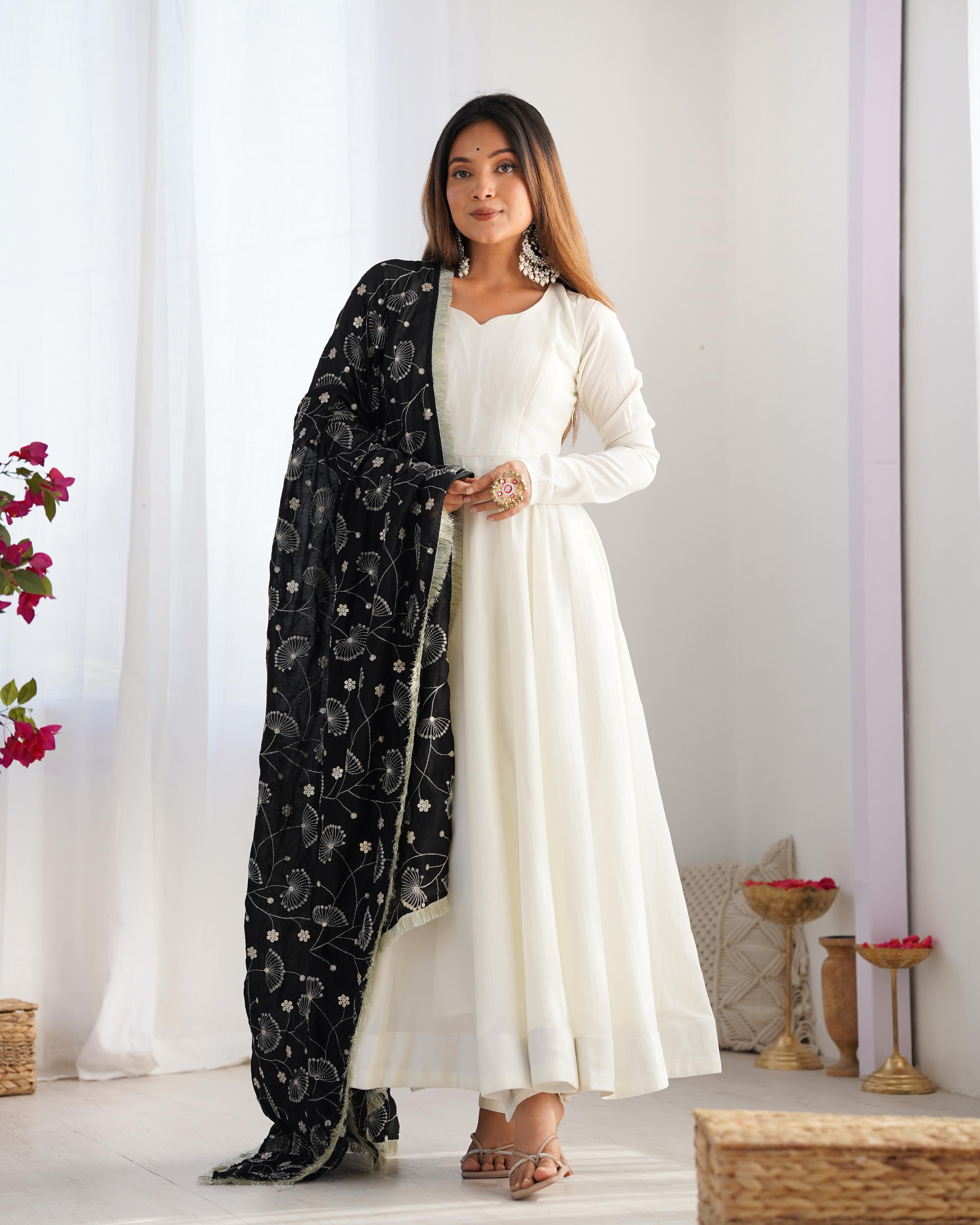 White Pure Soft Vichitra Silk Anarkali Suit Set With Huge Flair, Black Dupatta & Pant