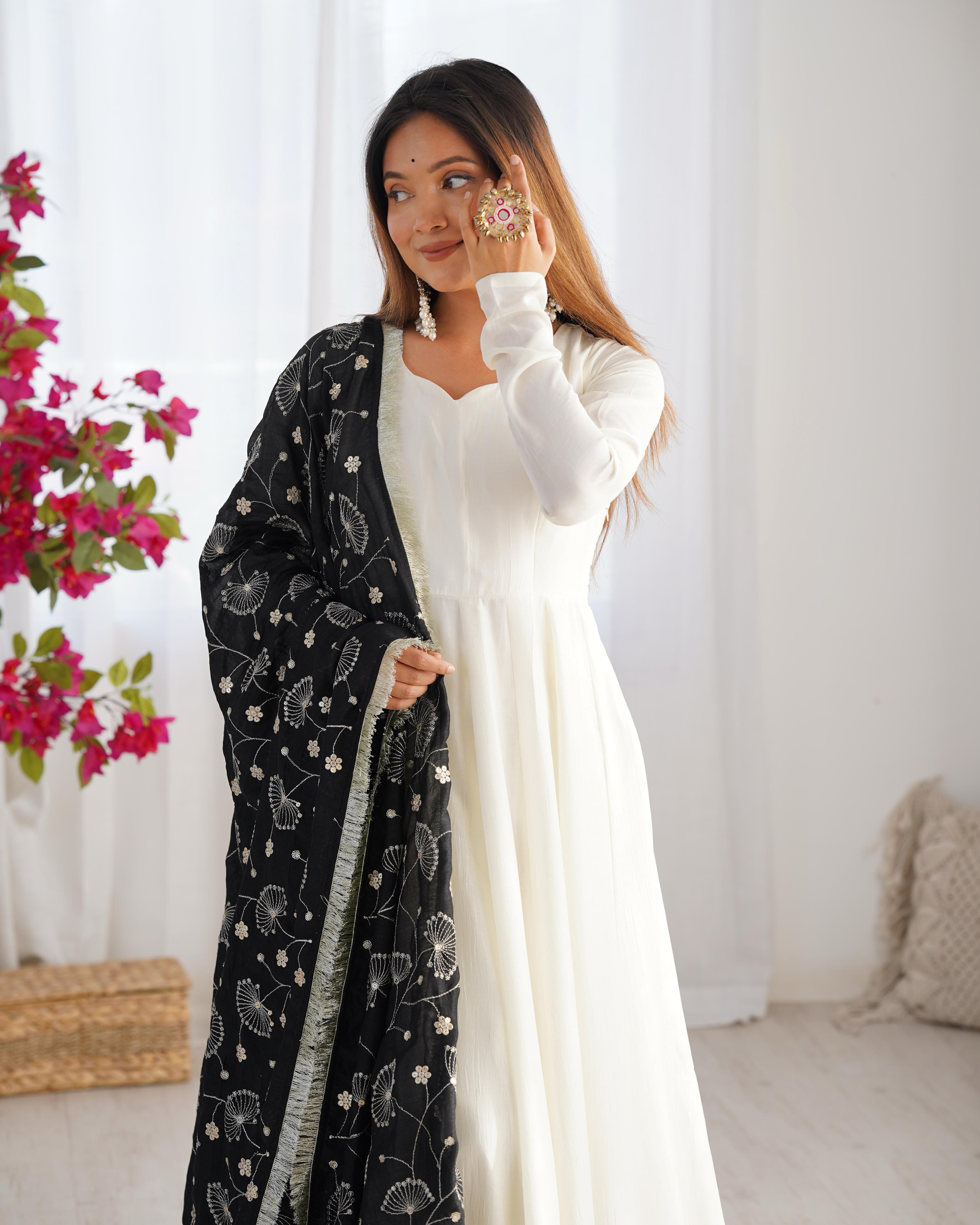 White Pure Soft Vichitra Silk Anarkali Suit Set With Huge Flair, Black Dupatta & Pant