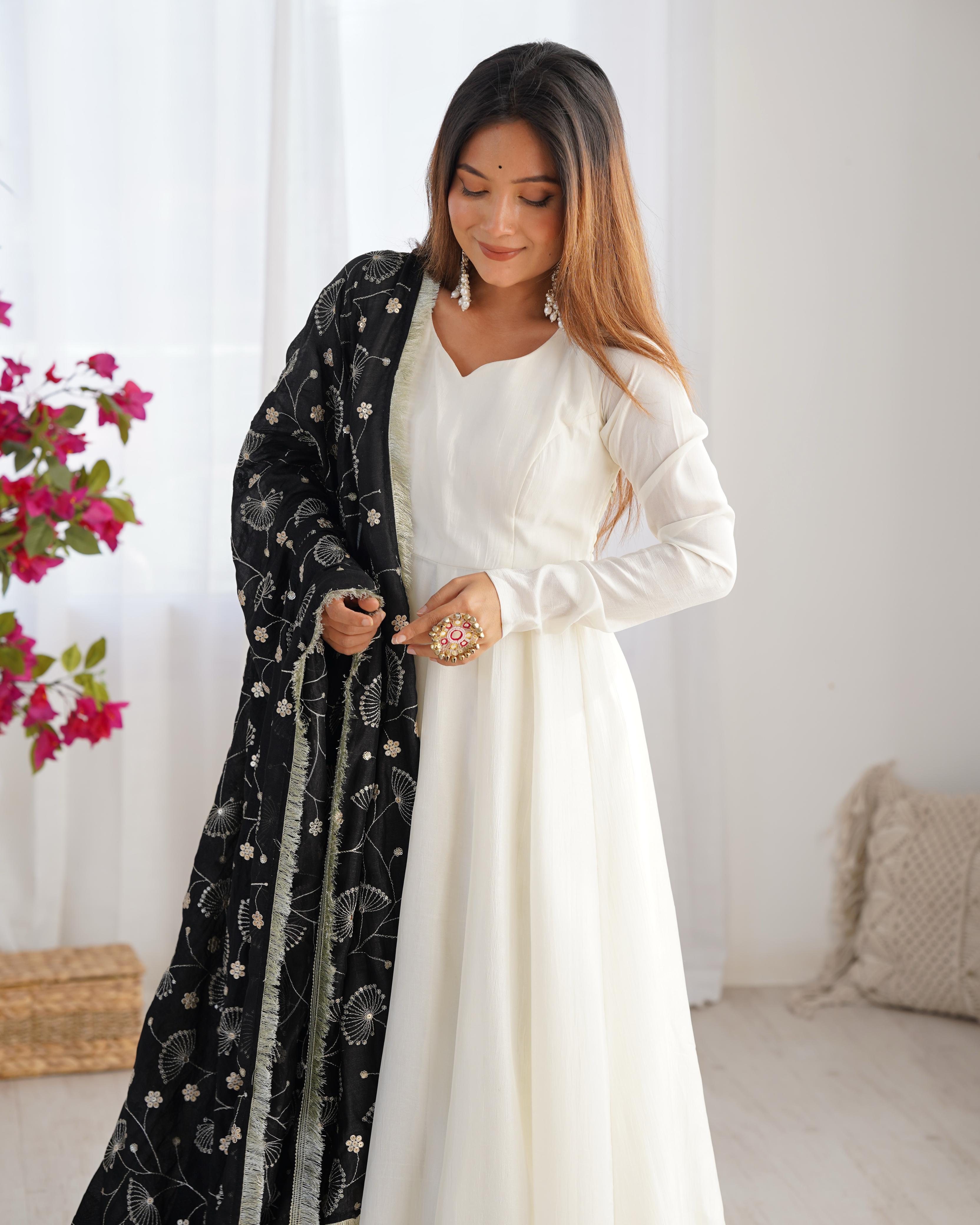 White Pure Soft Vichitra Silk Anarkali Suit Set With Huge Flair, Black Dupatta & Pant