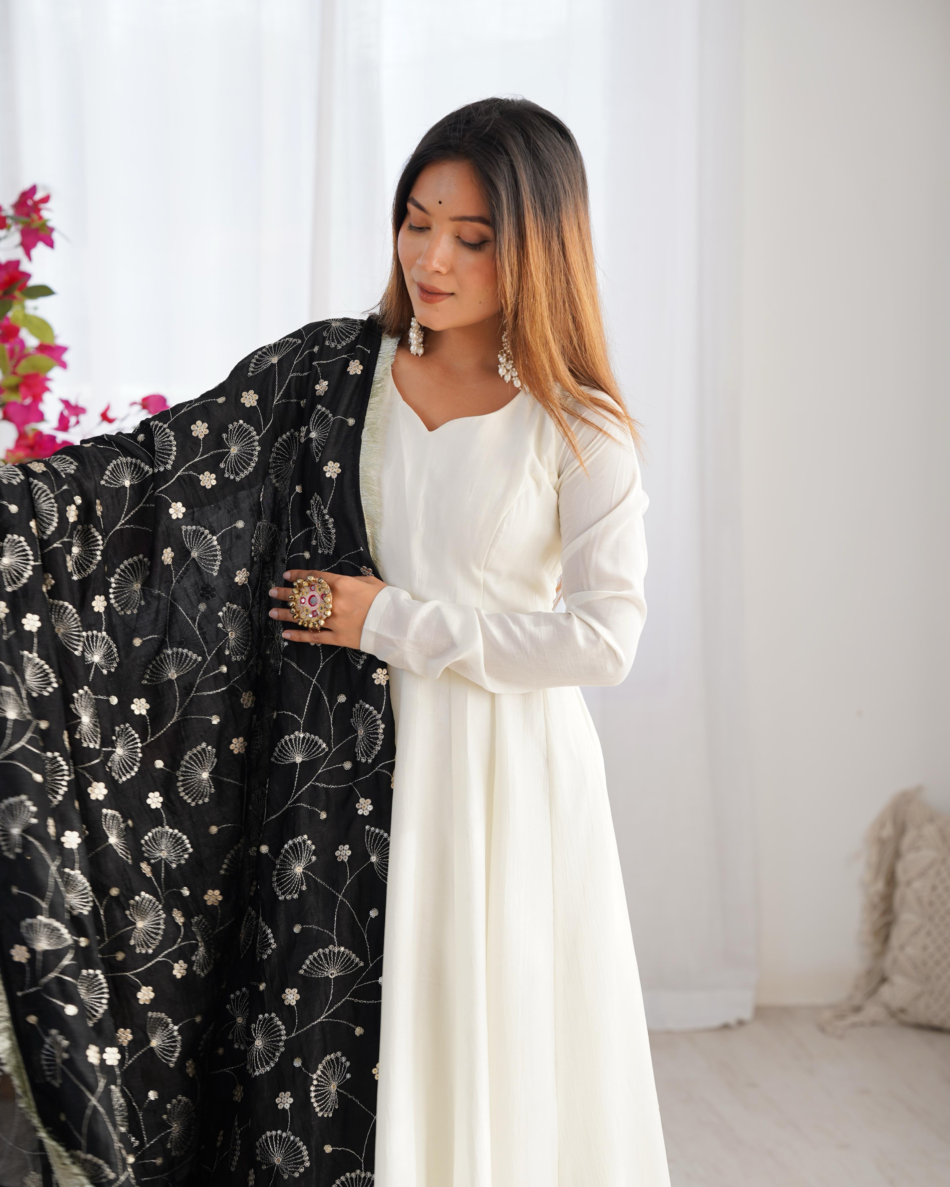 White Pure Soft Vichitra Silk Anarkali Suit Set With Huge Flair, Black Dupatta & Pant
