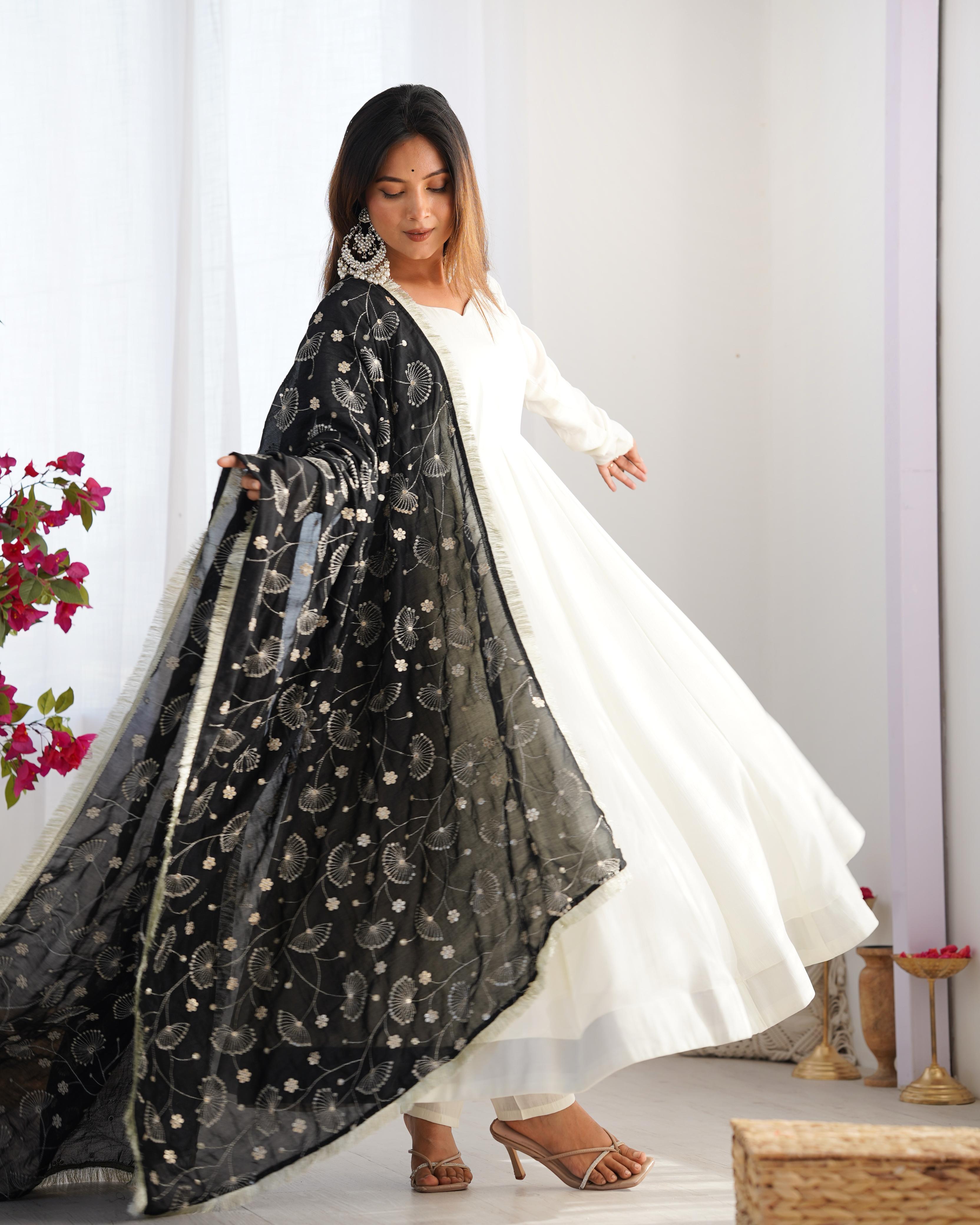 White Pure Soft Vichitra Silk Anarkali Suit Set With Huge Flair, Black Dupatta & Pant